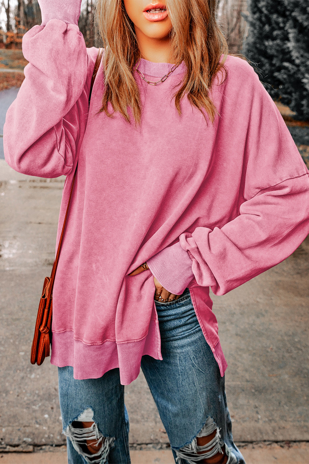 Pink Drop Shoulder Ribbed Trim Oversized Sweatshirt