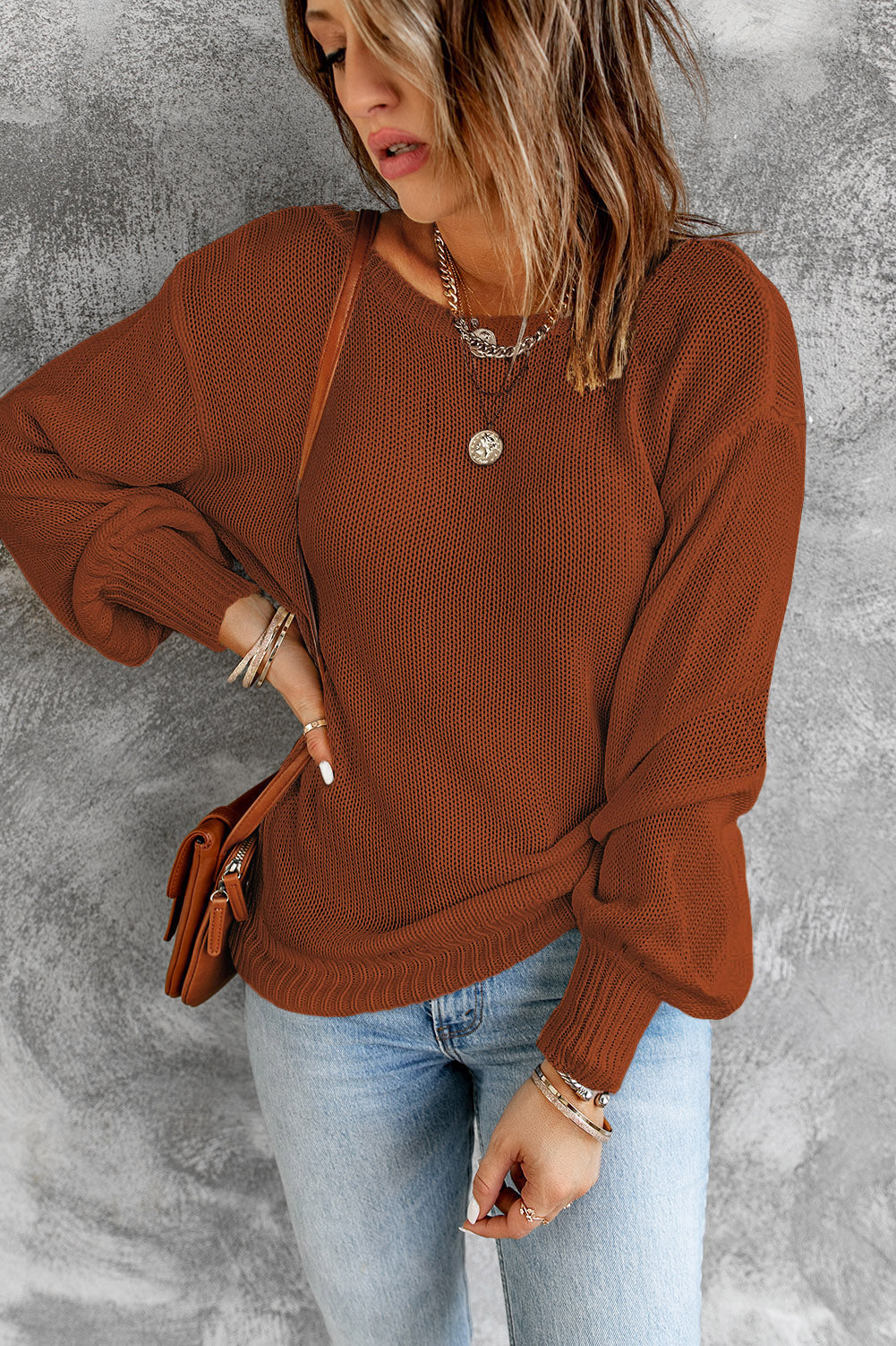 Orange Drop Shoulder Back Cut-out Sweater with Tie