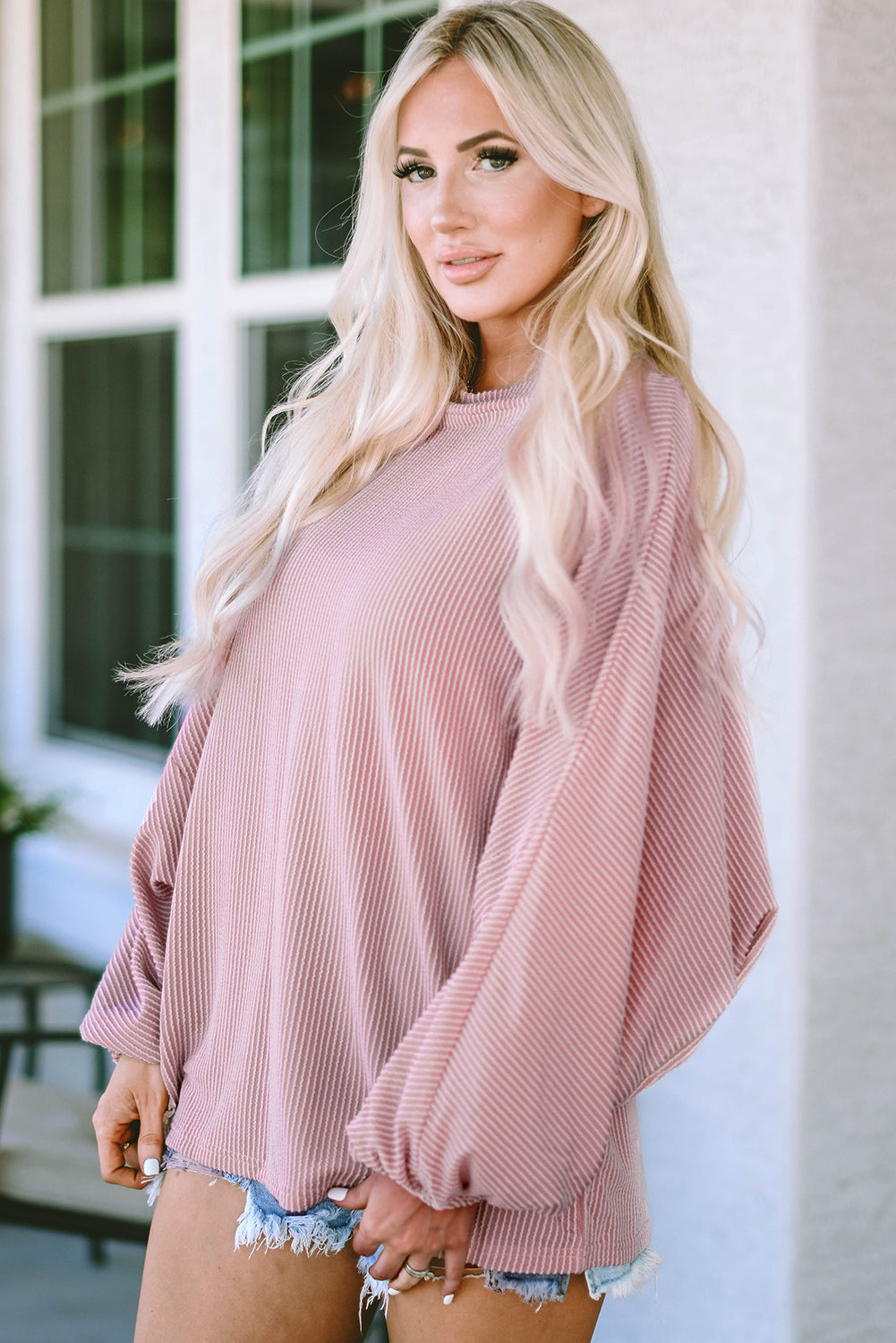 Pink One-Shoulder Balloon Sleeve Ribbed Blouse