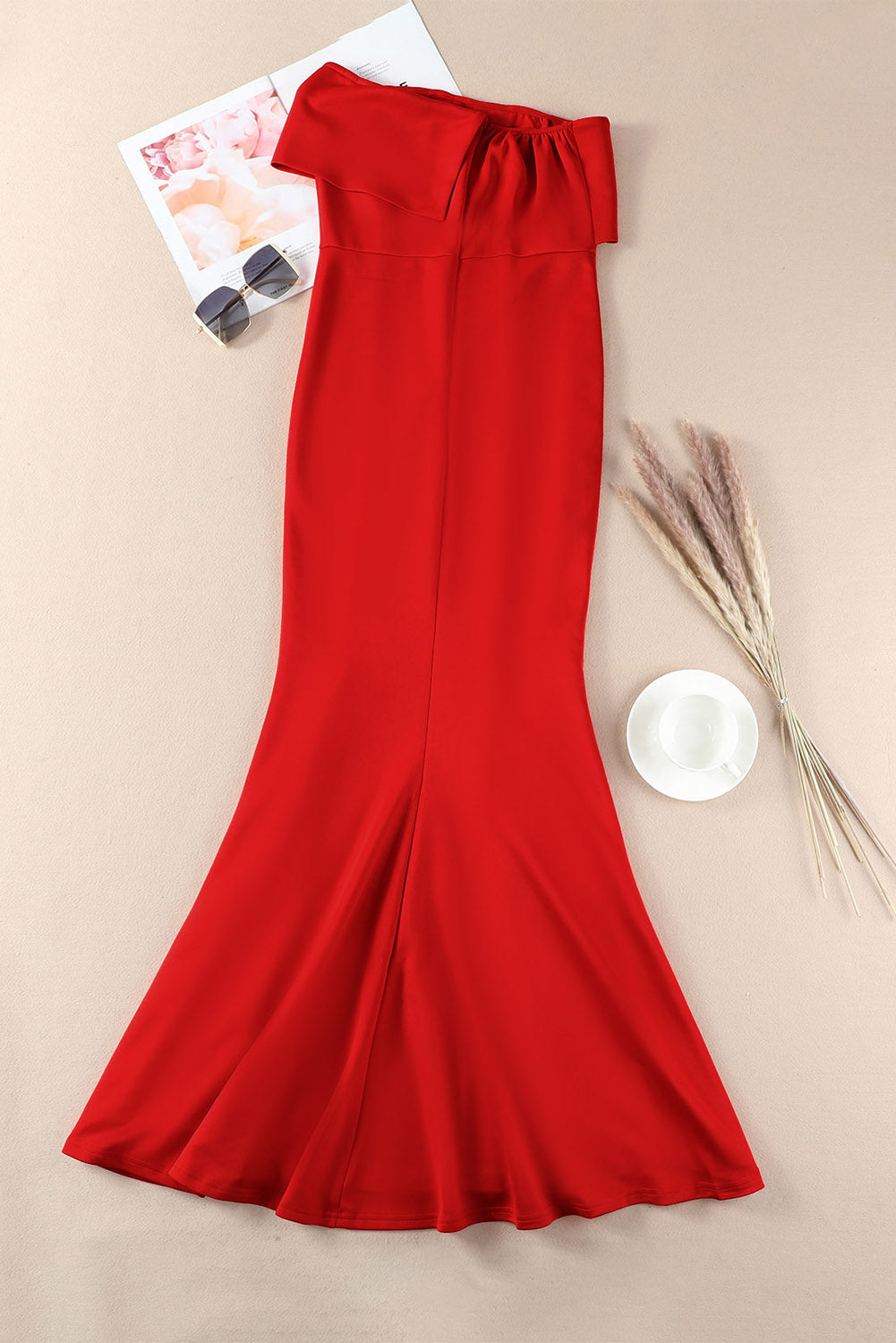 Fiery Red Off The Shoulder One Sleeve Slit Maxi Prom Dress