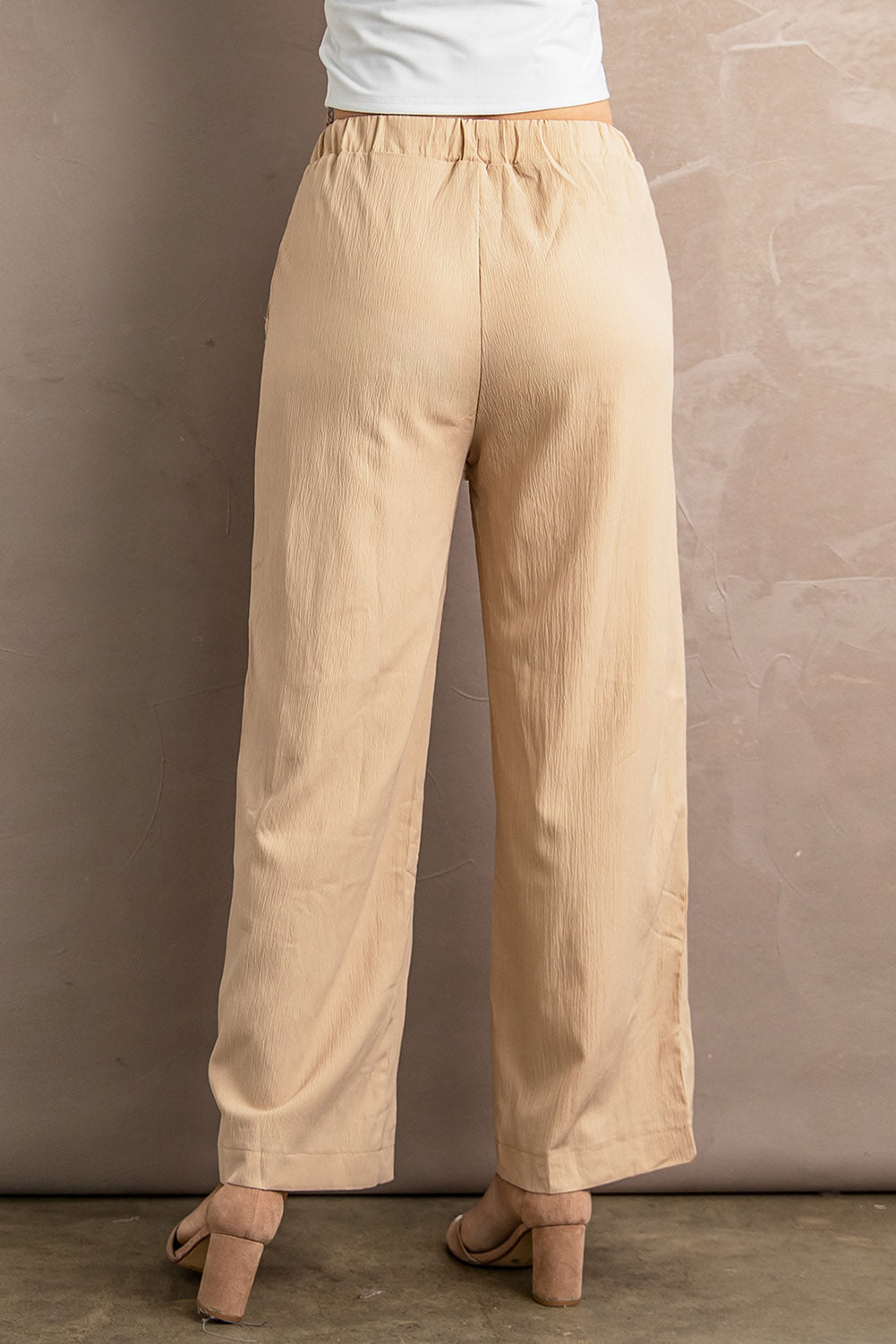 Khaki Drawstring Waist Crinkled Wide Leg Pants