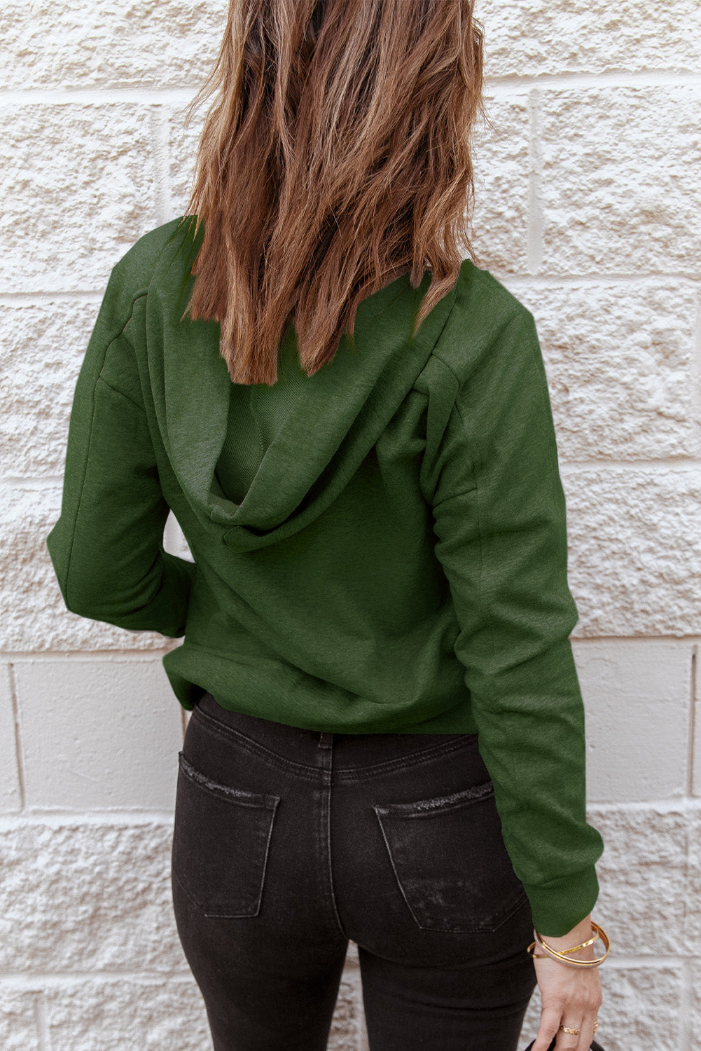 Green Casual Solid Color Lace-up Hoodie