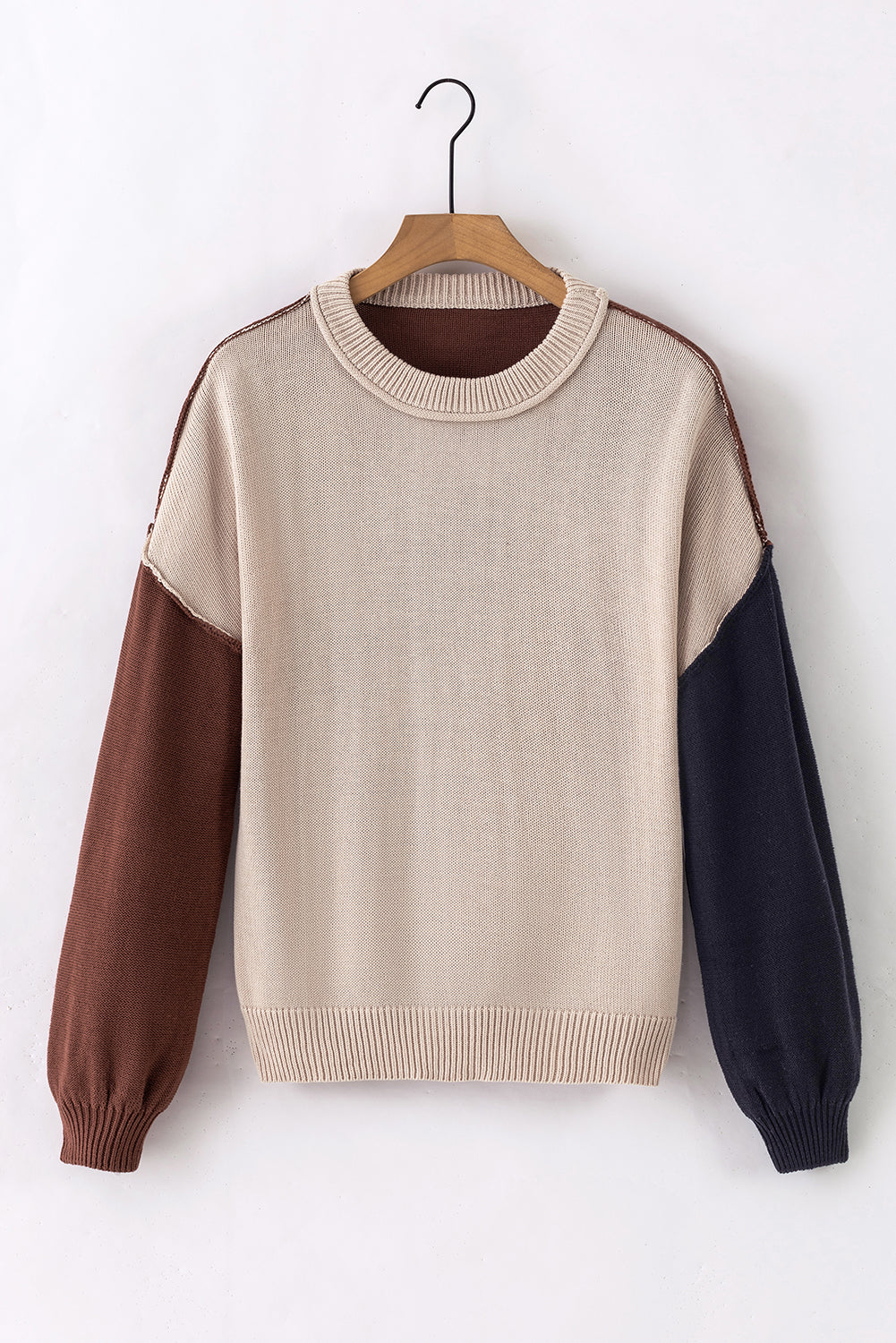 Coffee Colorblock Bishop Sleeve Ribbed Trim Sweater