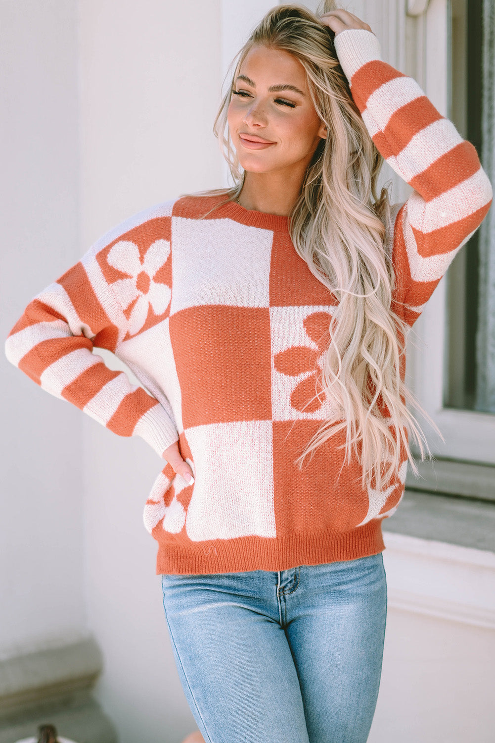 Brown Checkered Floral Print Striped Sleeve Sweater