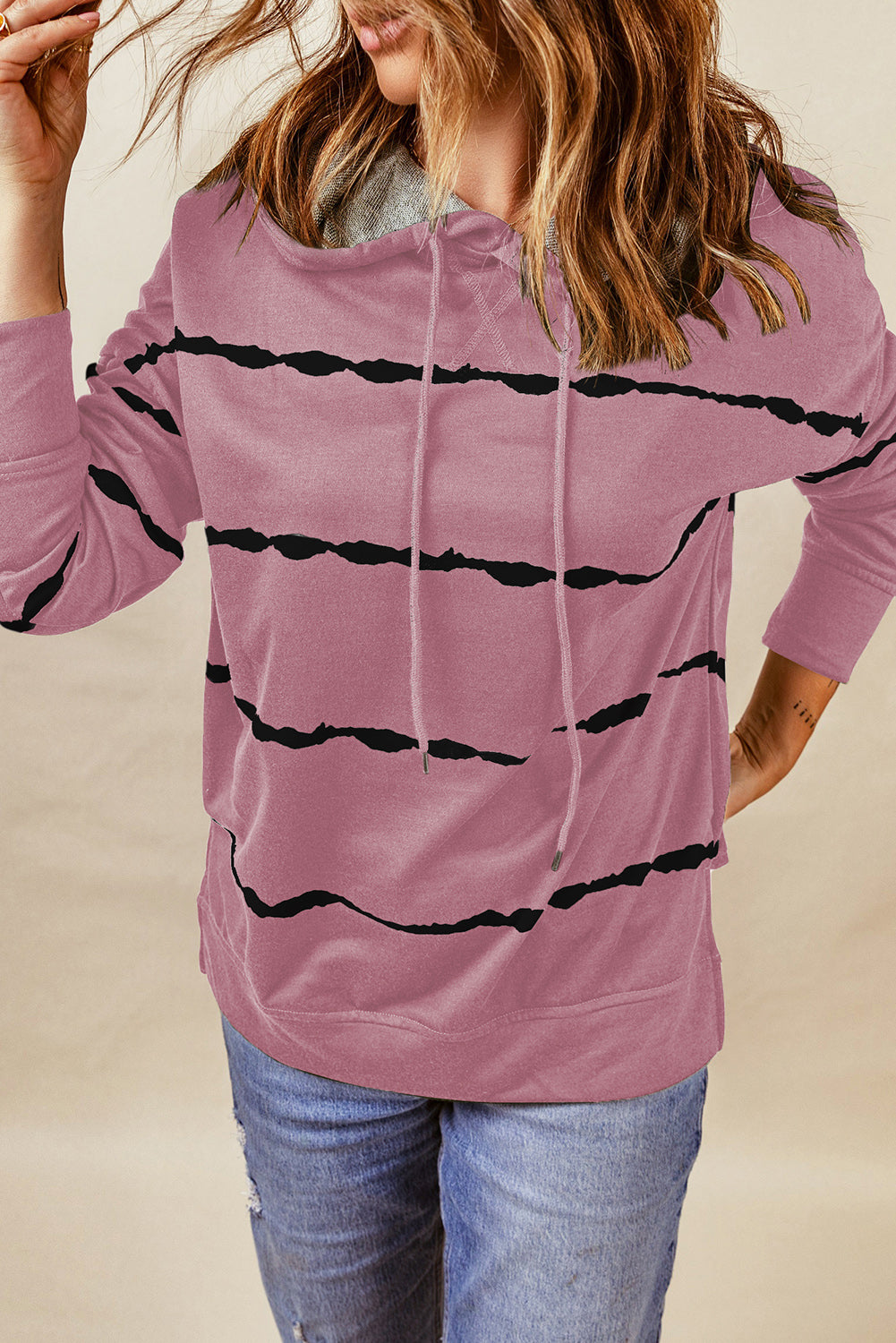 Pink Tie-dye Striped Drawstring Hoodie with Side Split Tops