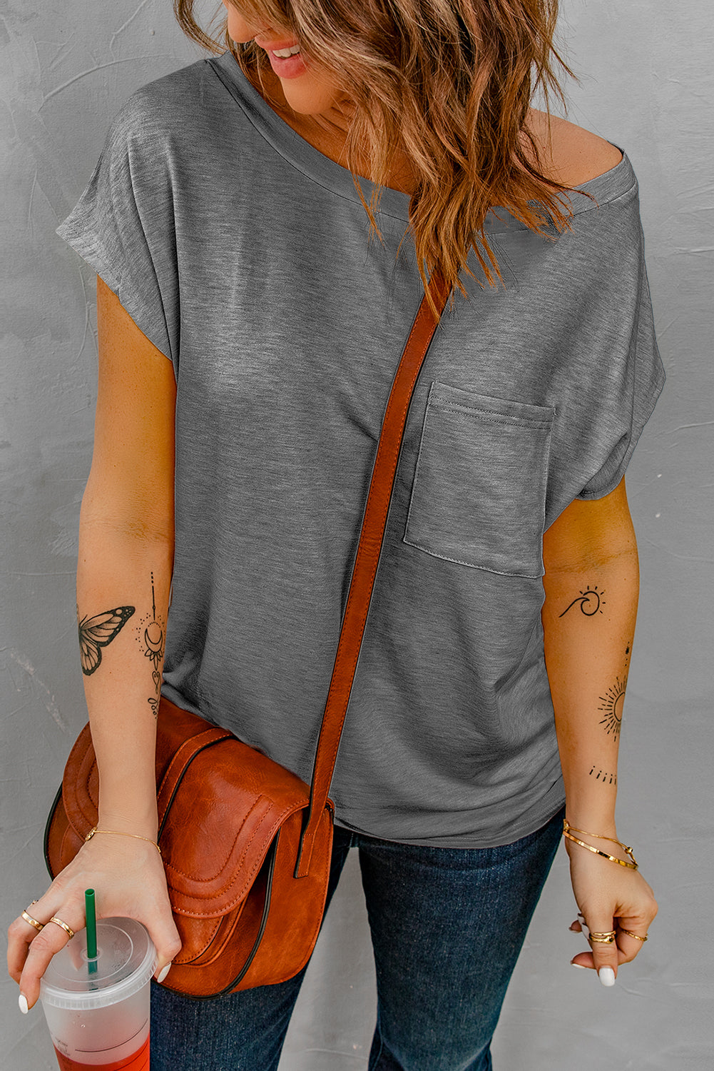 Gray Pocketed Tee with Side Slits