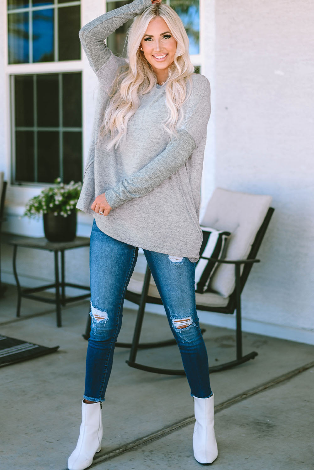 Gray Exposed Seam Patchwork Long Sleeve Top