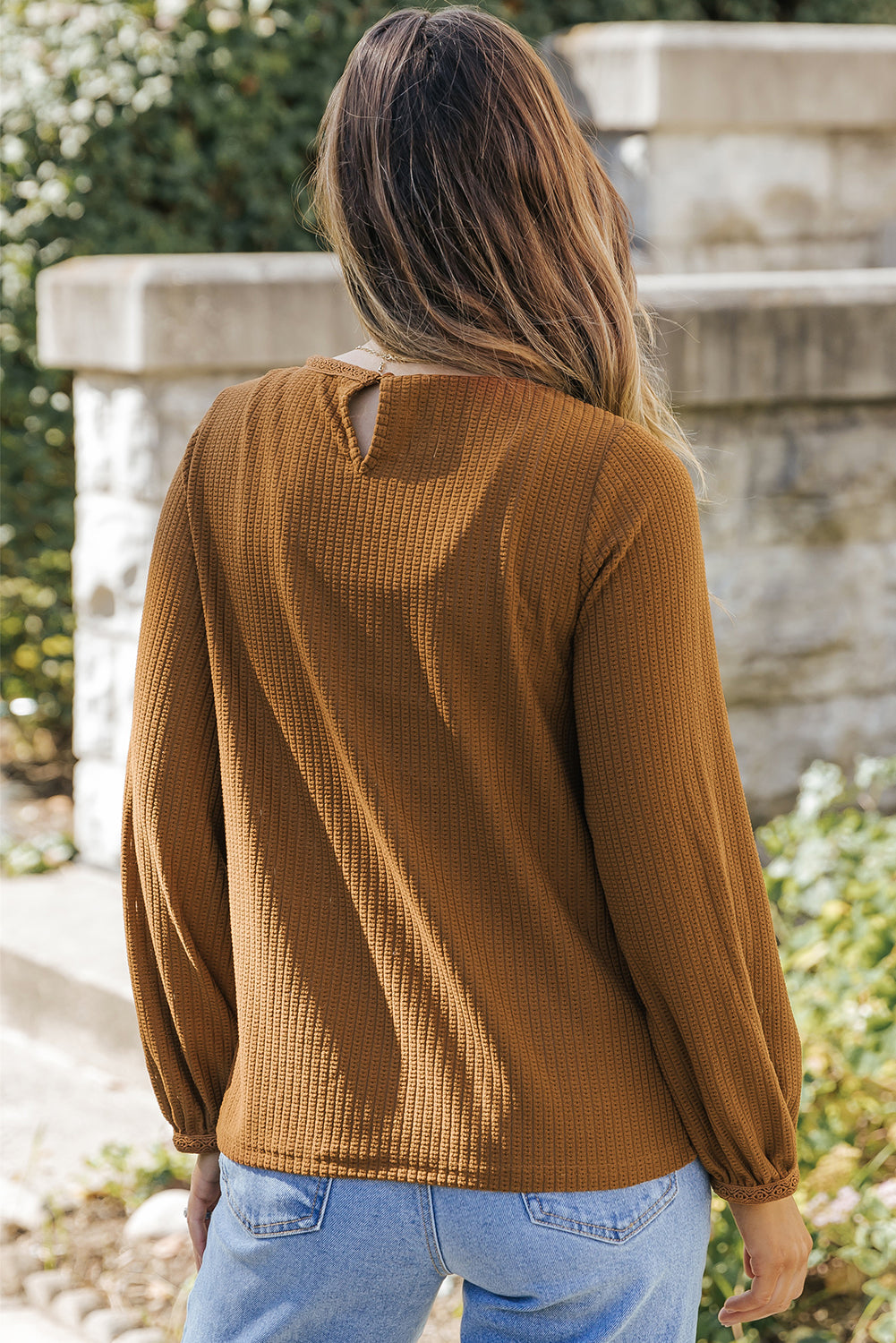 Brown Textured Round Neck Puff Sleeve Top