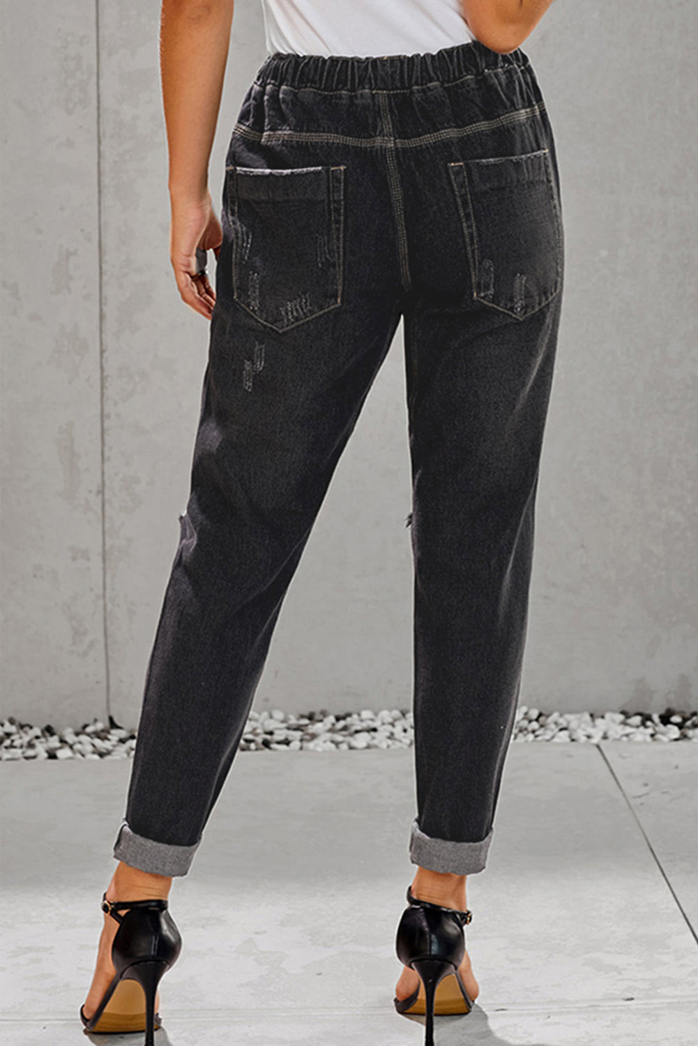 Black Gather Round Distressed Pocketed Denim Jogger