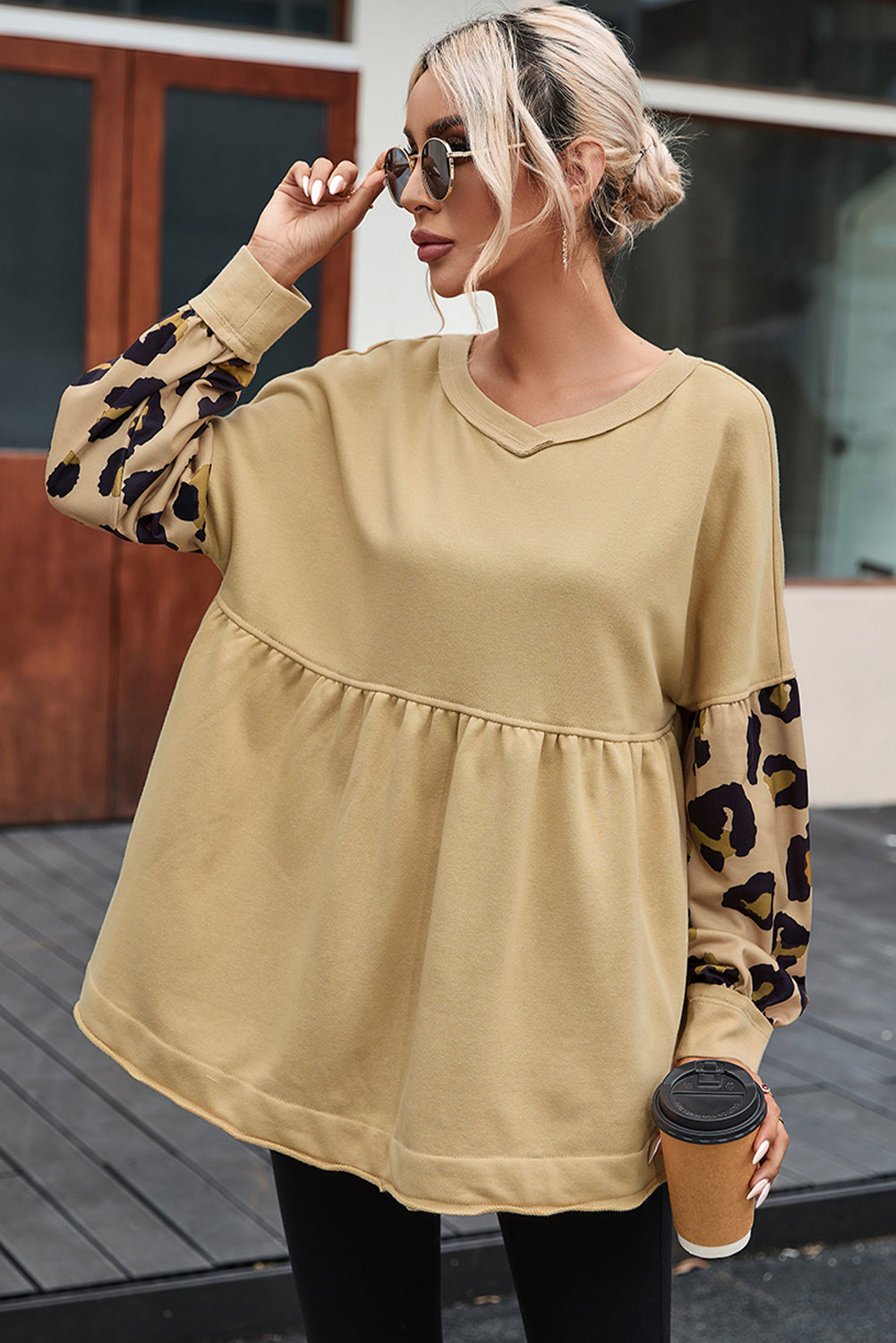 Khaki Leopard Splicing Sleeve Ruffle Loose Sweatshirt