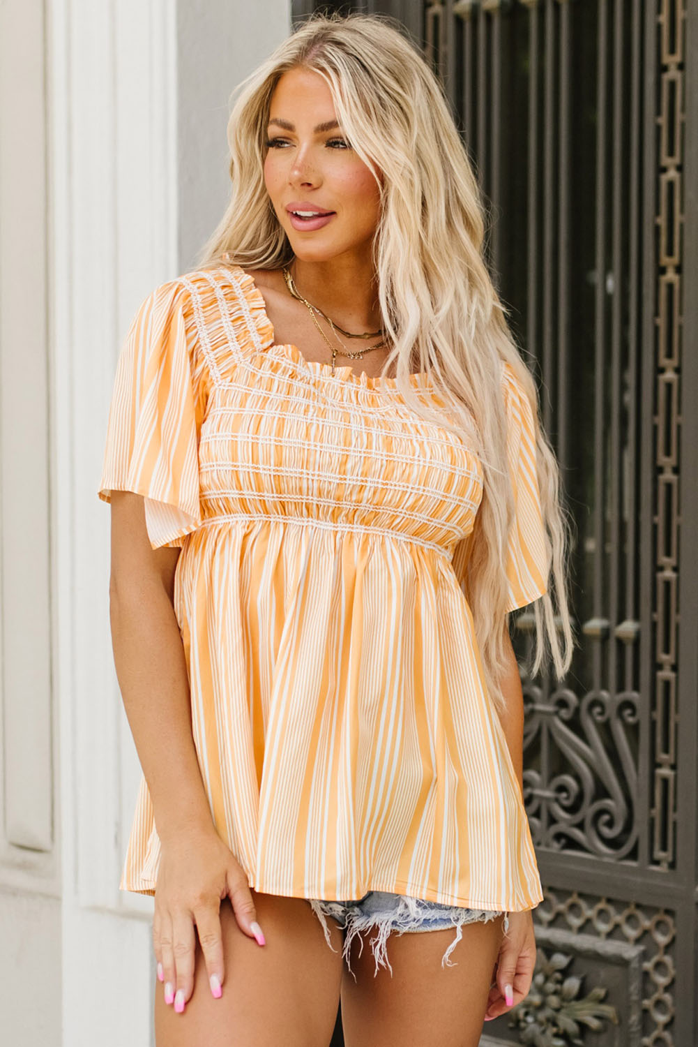 Yellow Striped Print Smocked Flowy Blouse