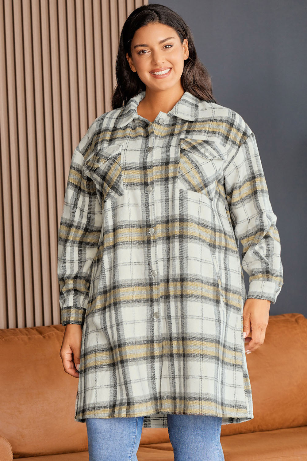 Multicolor Plus Size Plaid Pocketed Side Slit Shacket