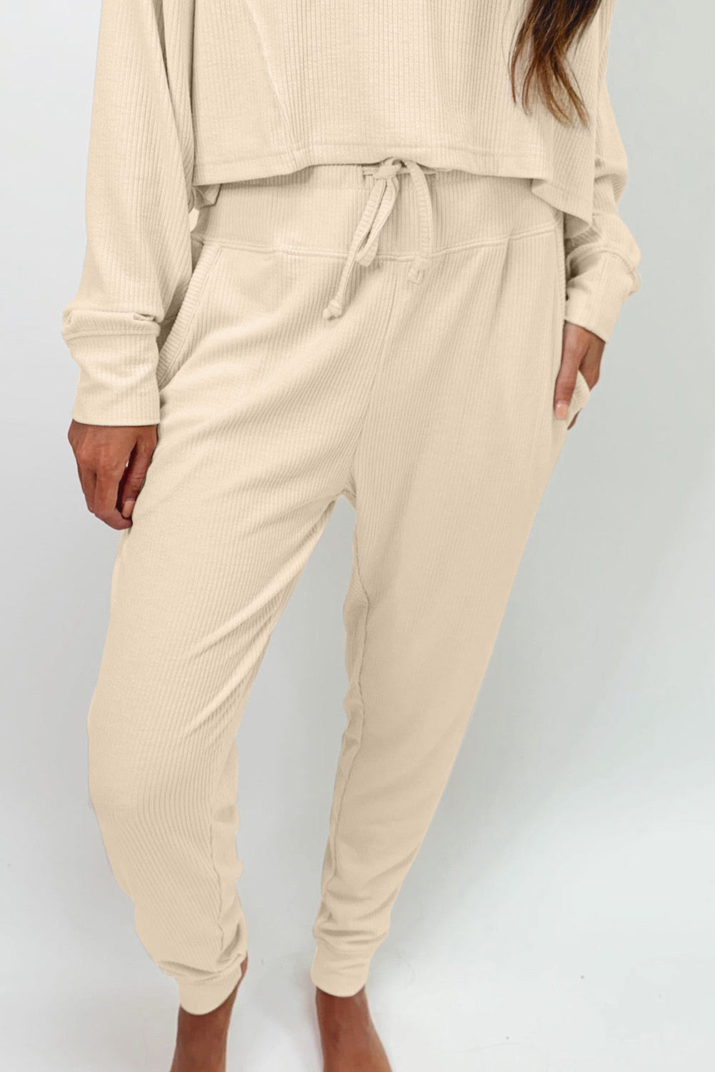 Apricot Ribbed Long Sleeve Drawstring Pants Set