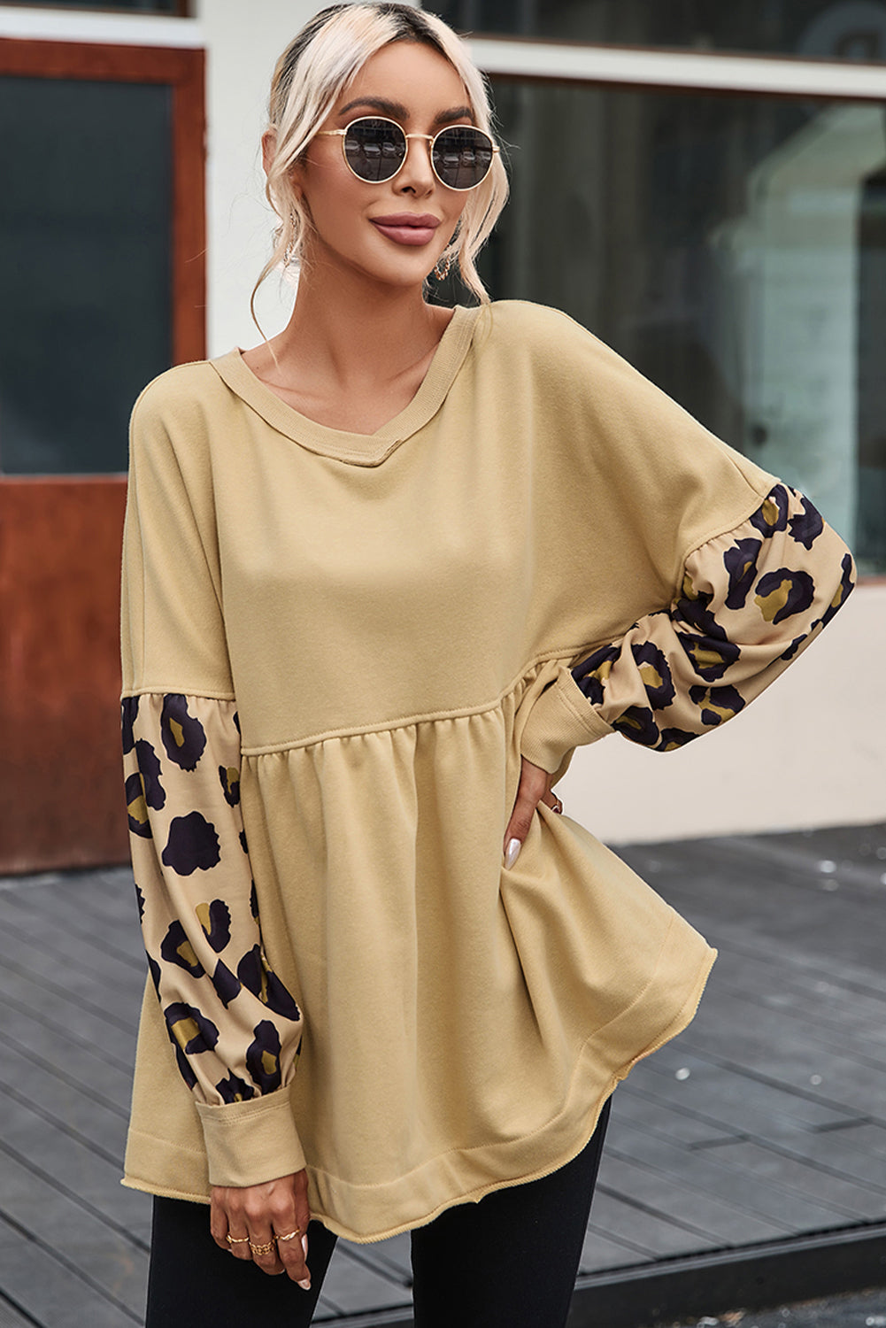 Khaki Leopard Splicing Sleeve Ruffle Loose Sweatshirt