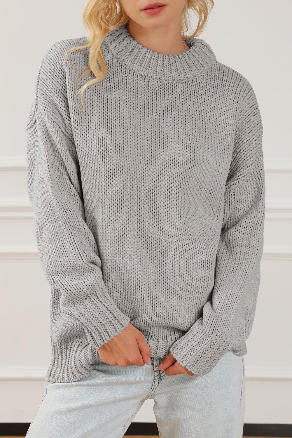 Light Grey Chunky Knit Turtle Neck Drop Shoulder Sweater