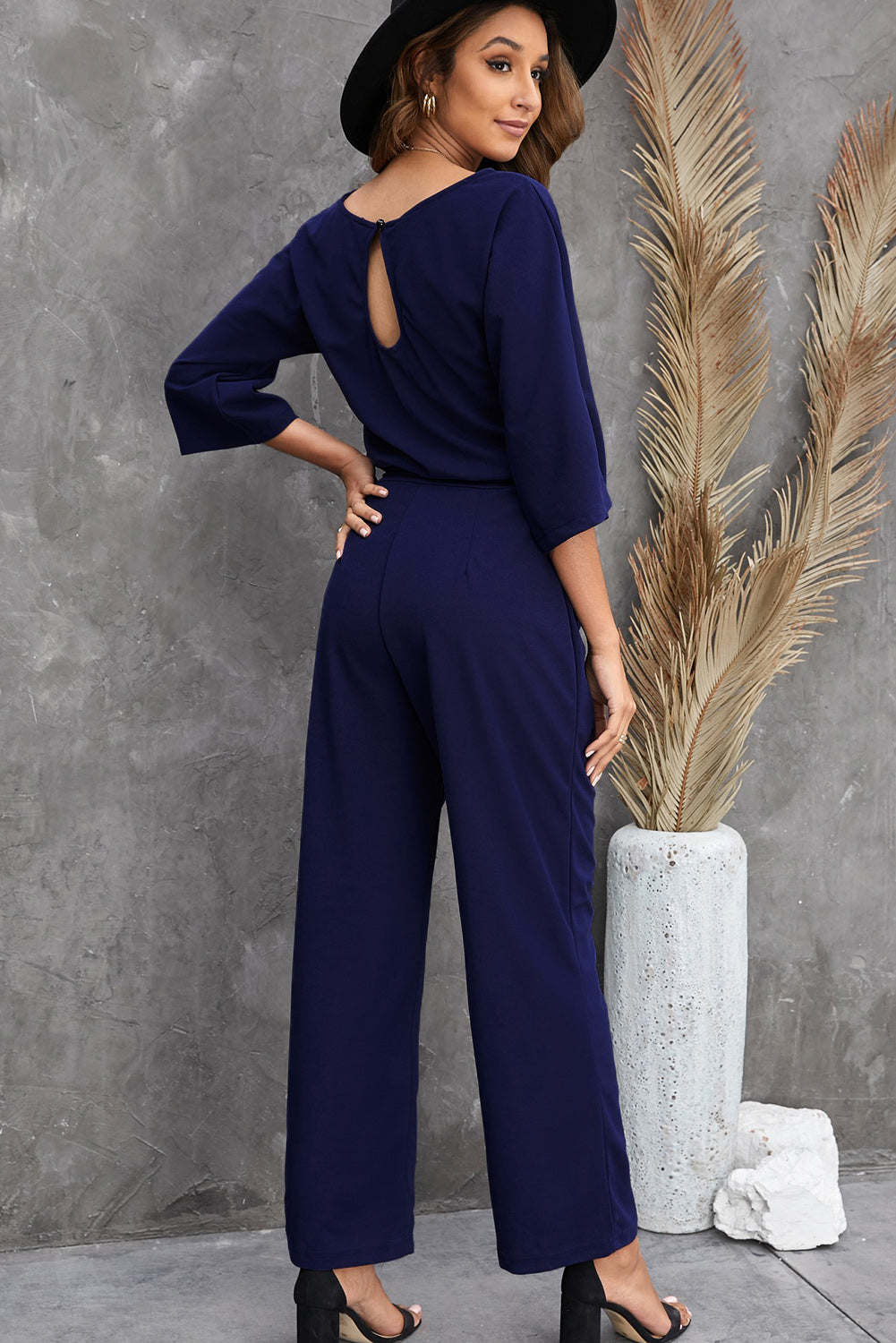 Blue Bracelet Sleeve Waist Tie Wide Leg Jumpsuit