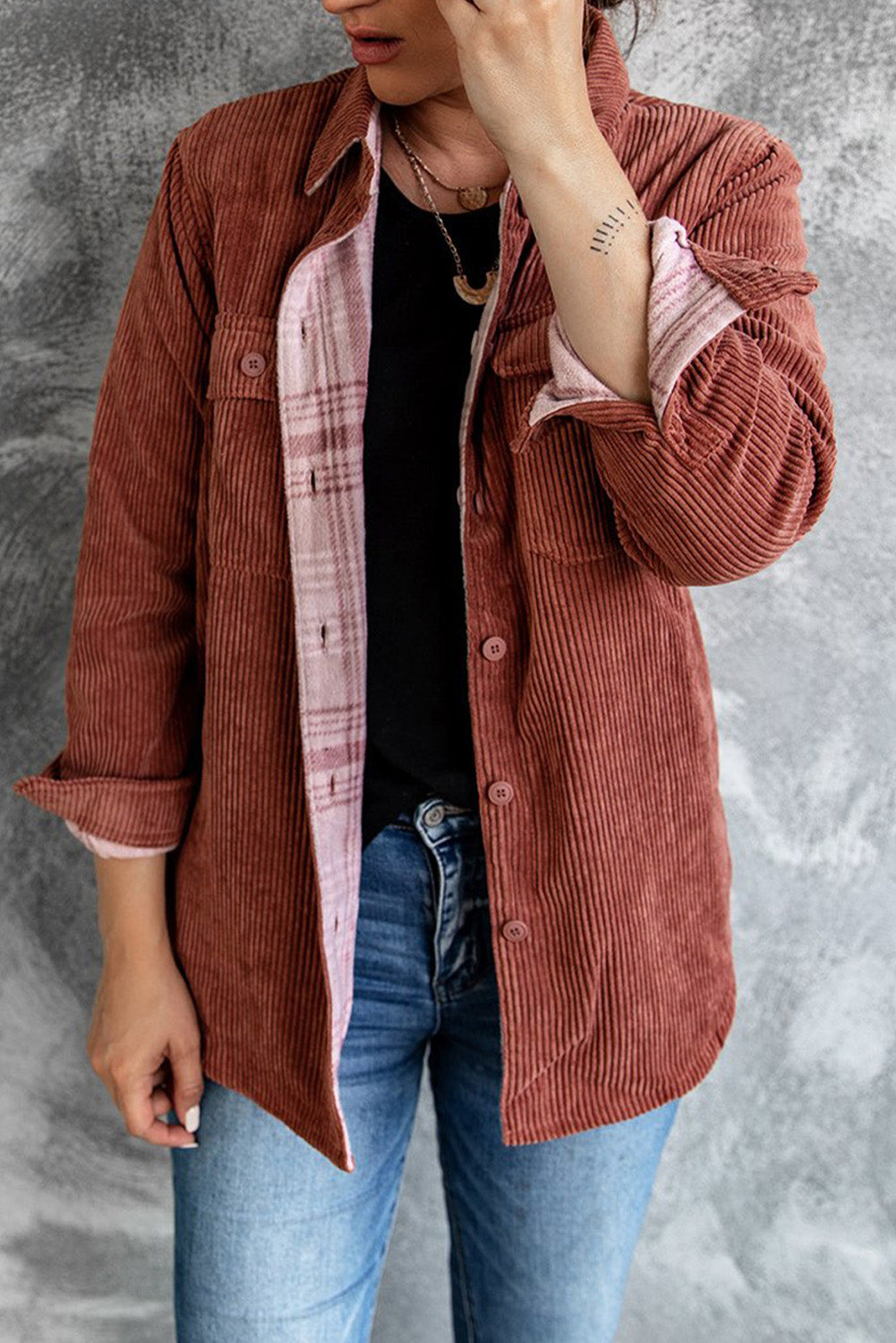 Plaid Print Buttoned Corduroy Double-sided Jacket