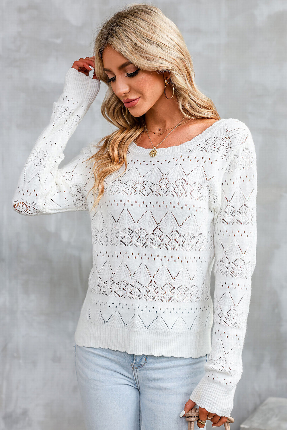 White Surplice V Openwork Textured Sweater