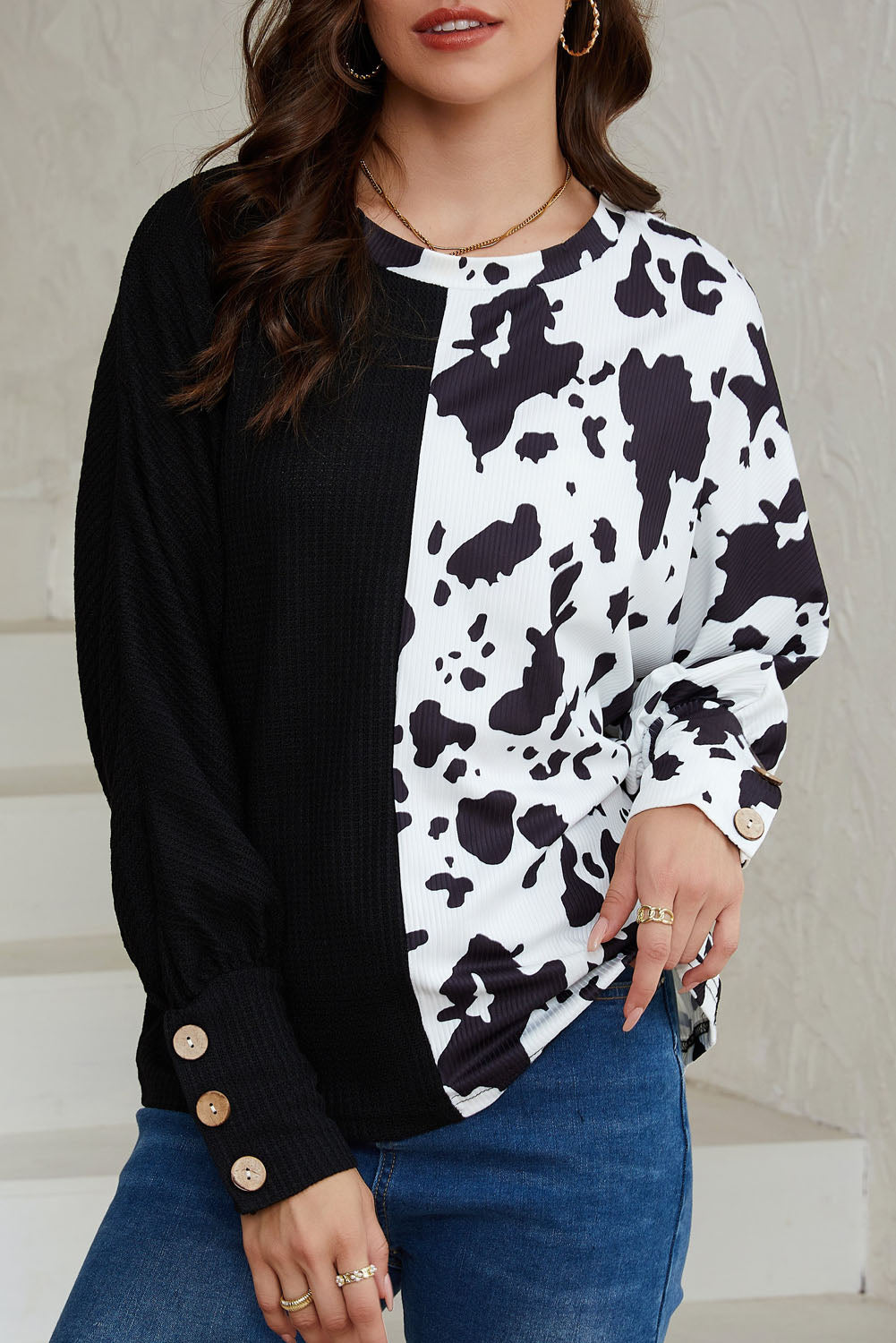 Black Cow Patchwork Waffle Knit Long Sleeve Top