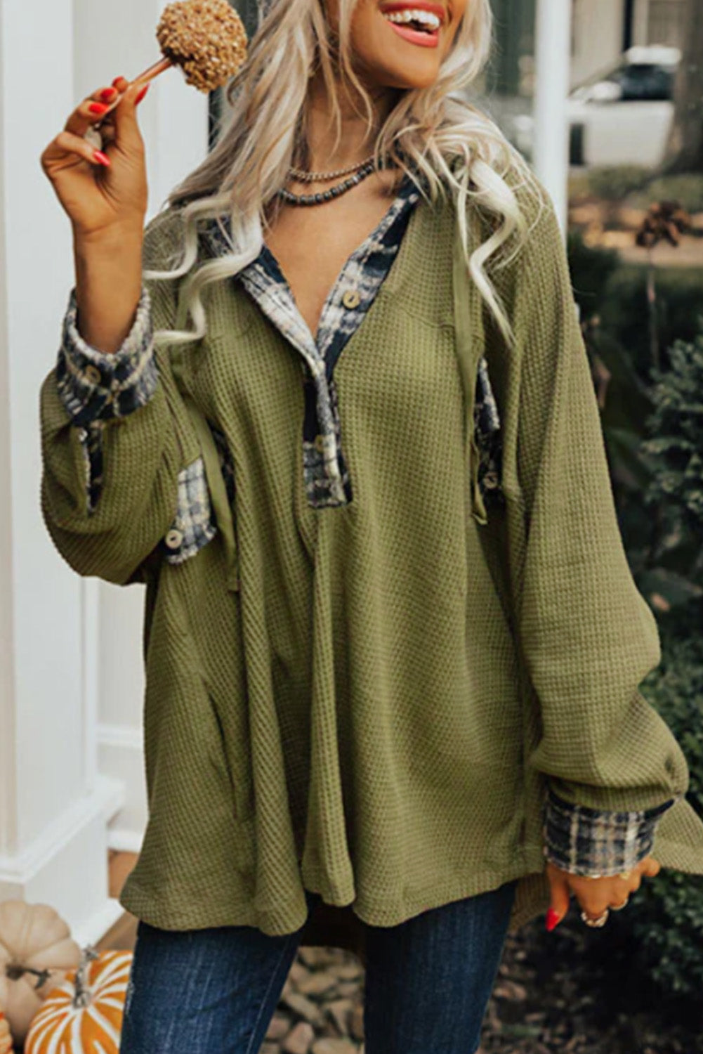 Green Flowy Plaid Accent Waffle Knit Henley Hoodie