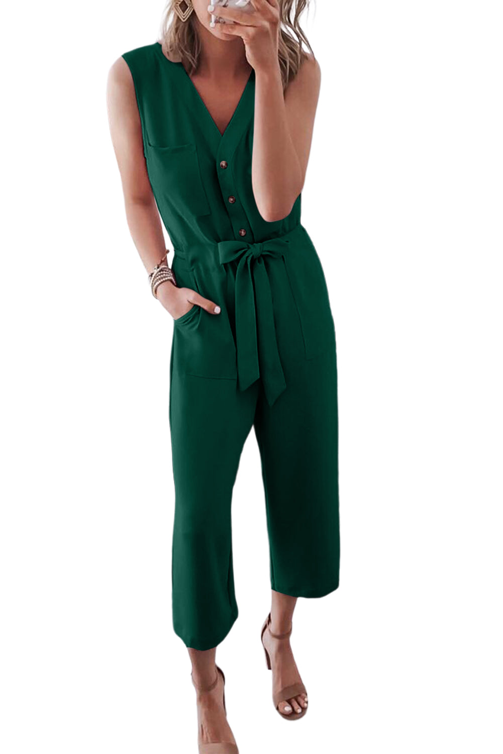 Green Buttoned Sleeveless Cropped Jumpsuit with Sash