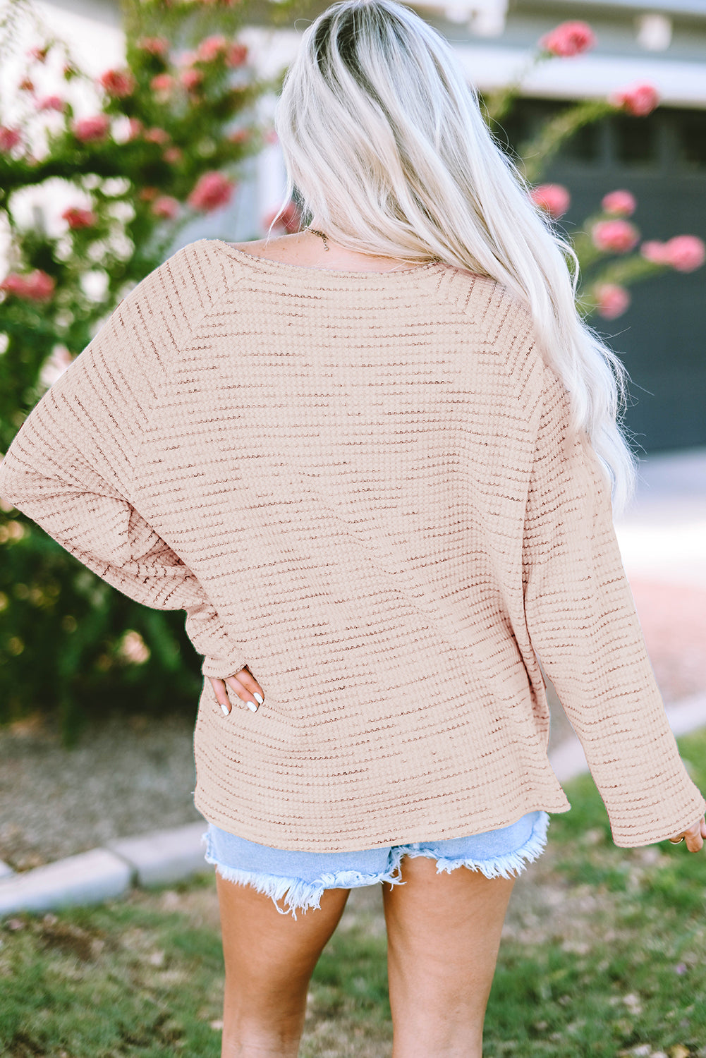 Pink Waffled Knit Long Sleeve V-Neck Frayed Top