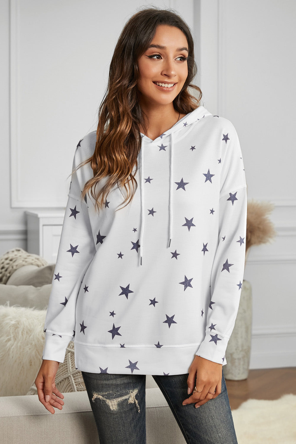 White Star Print Hoodie with Side Slits