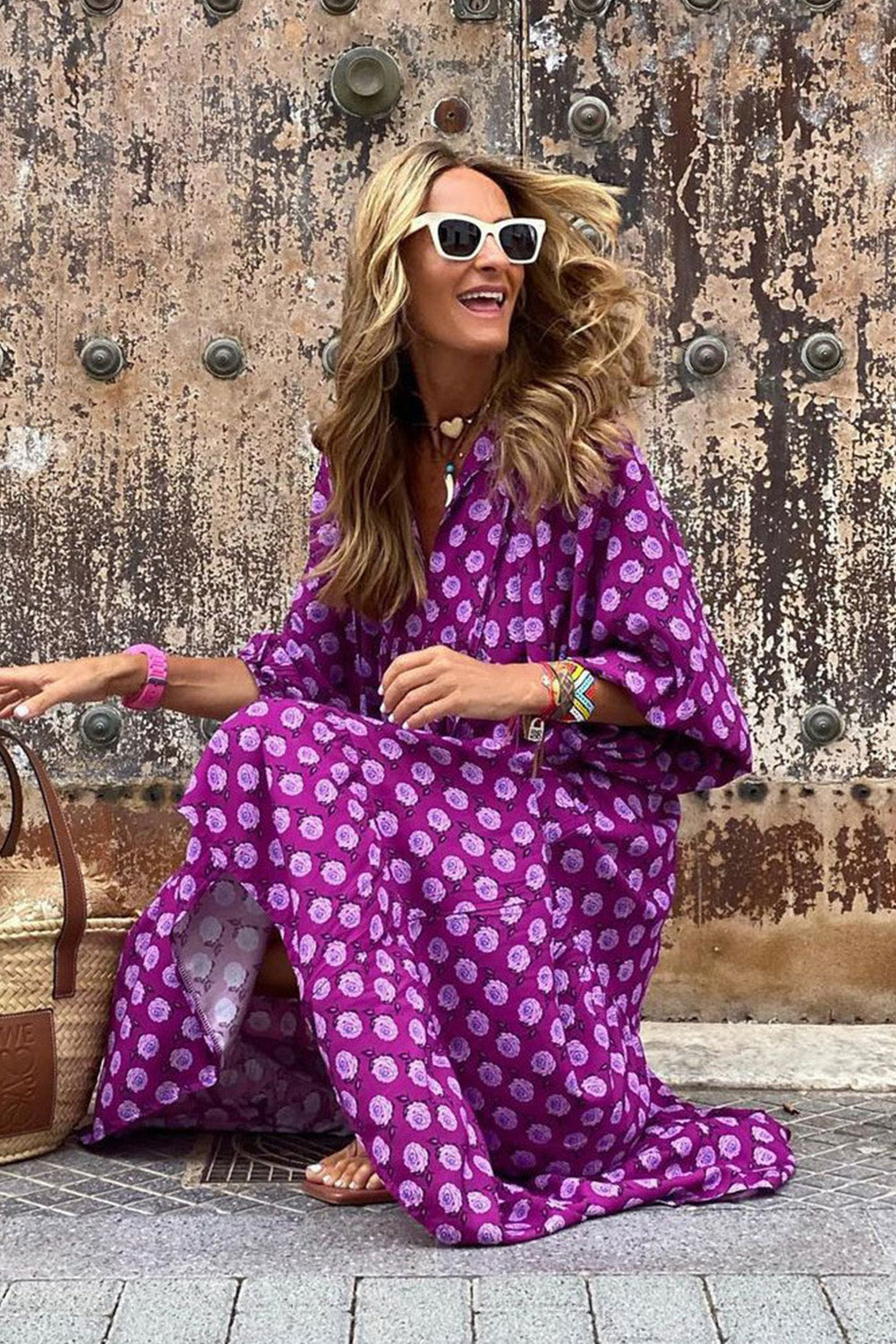 Purple Boho Printed Puff Sleeve Maxi Dress