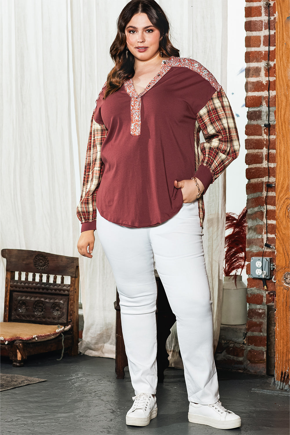 Red Dahlia Mixed Print Half Buttons Plus Size Pullover Top