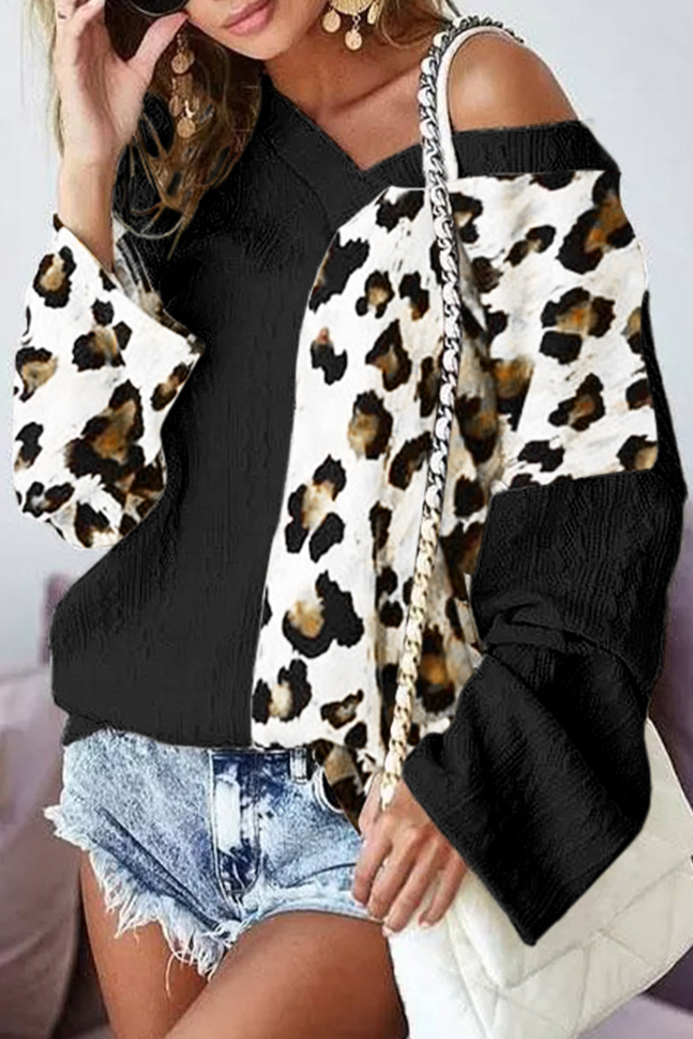 Black Asymmetric Leopard Patchwork Wide Sleeve V Neck Sweater