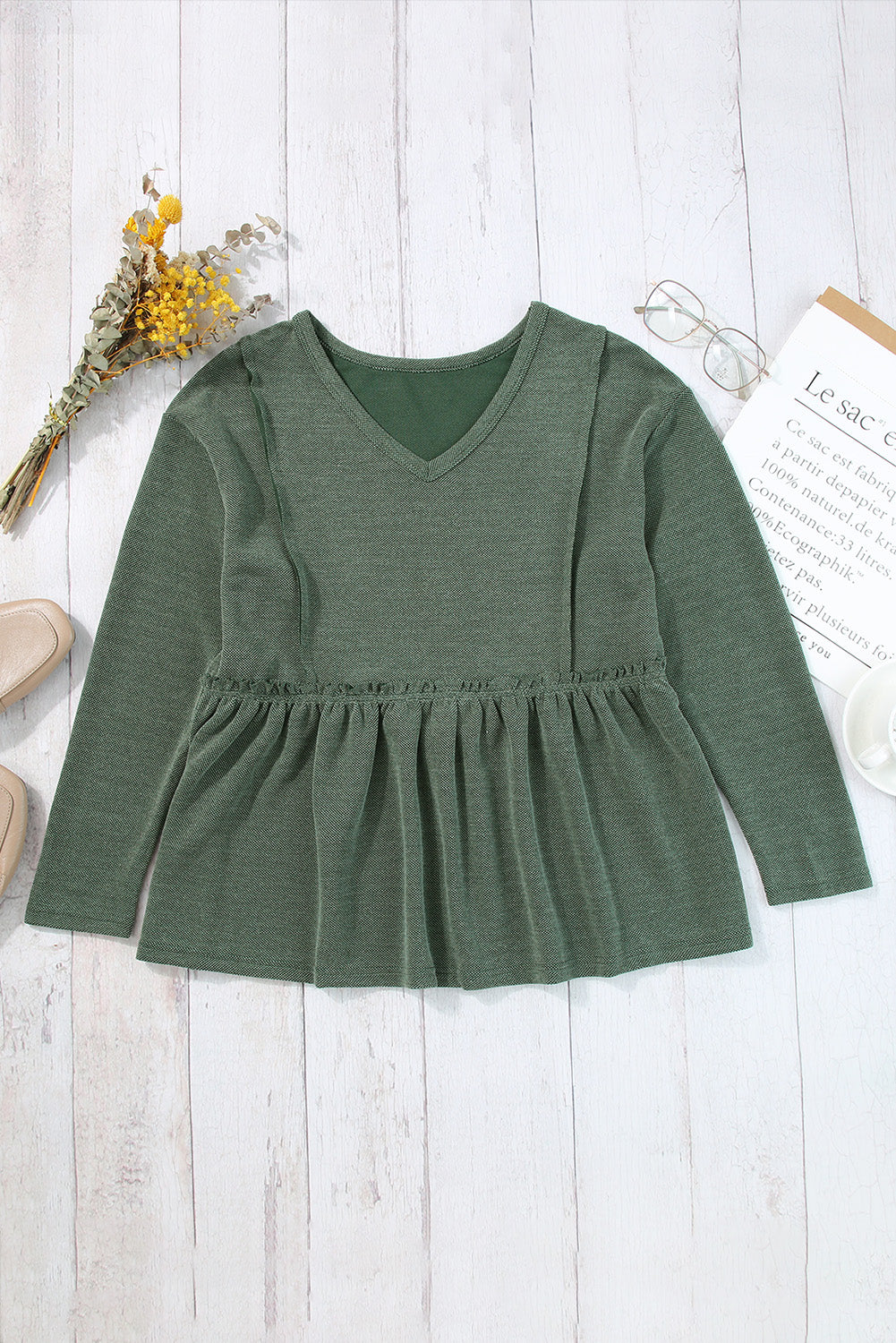 Green Outseam Detail Long Sleeve Peplum Top