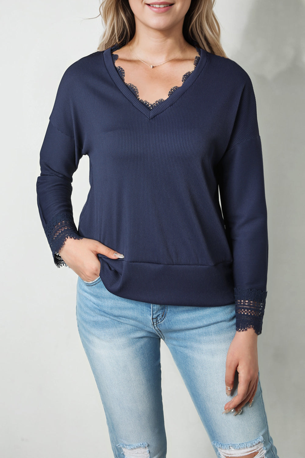 Blue Ribbed Texture Lace Trim V Neck Long Sleeve Top