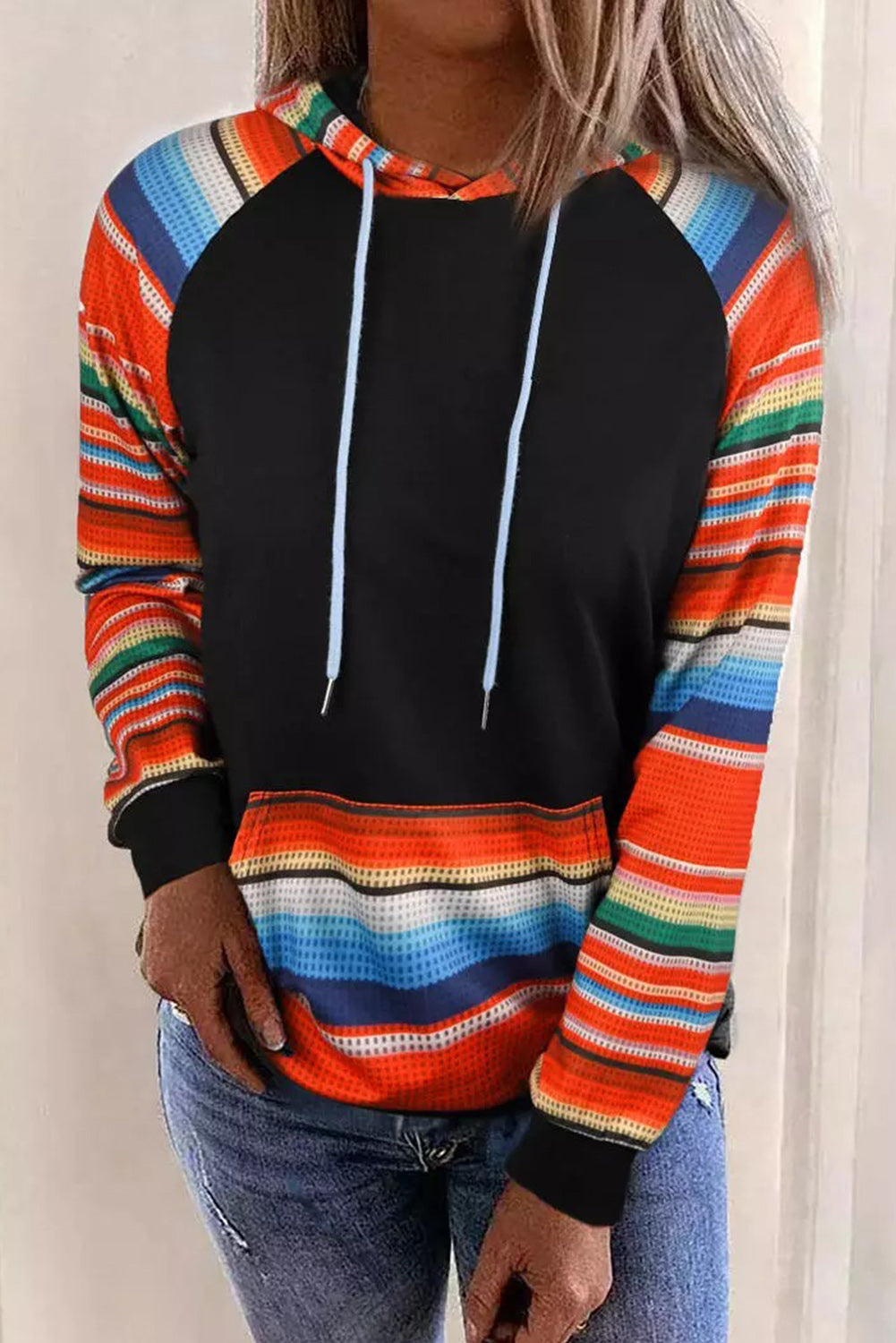 Multicolor Colorful Striped Patchwork Kangaroo Pocket Hoodie