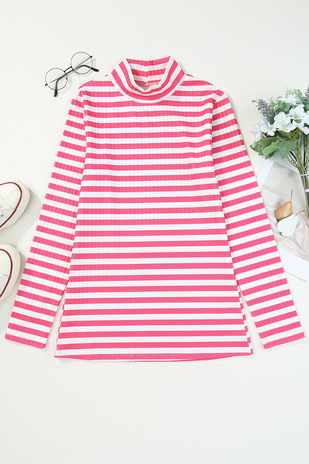 Strawberry Pink Striped Print Textured Knit Long Sleeve Tee