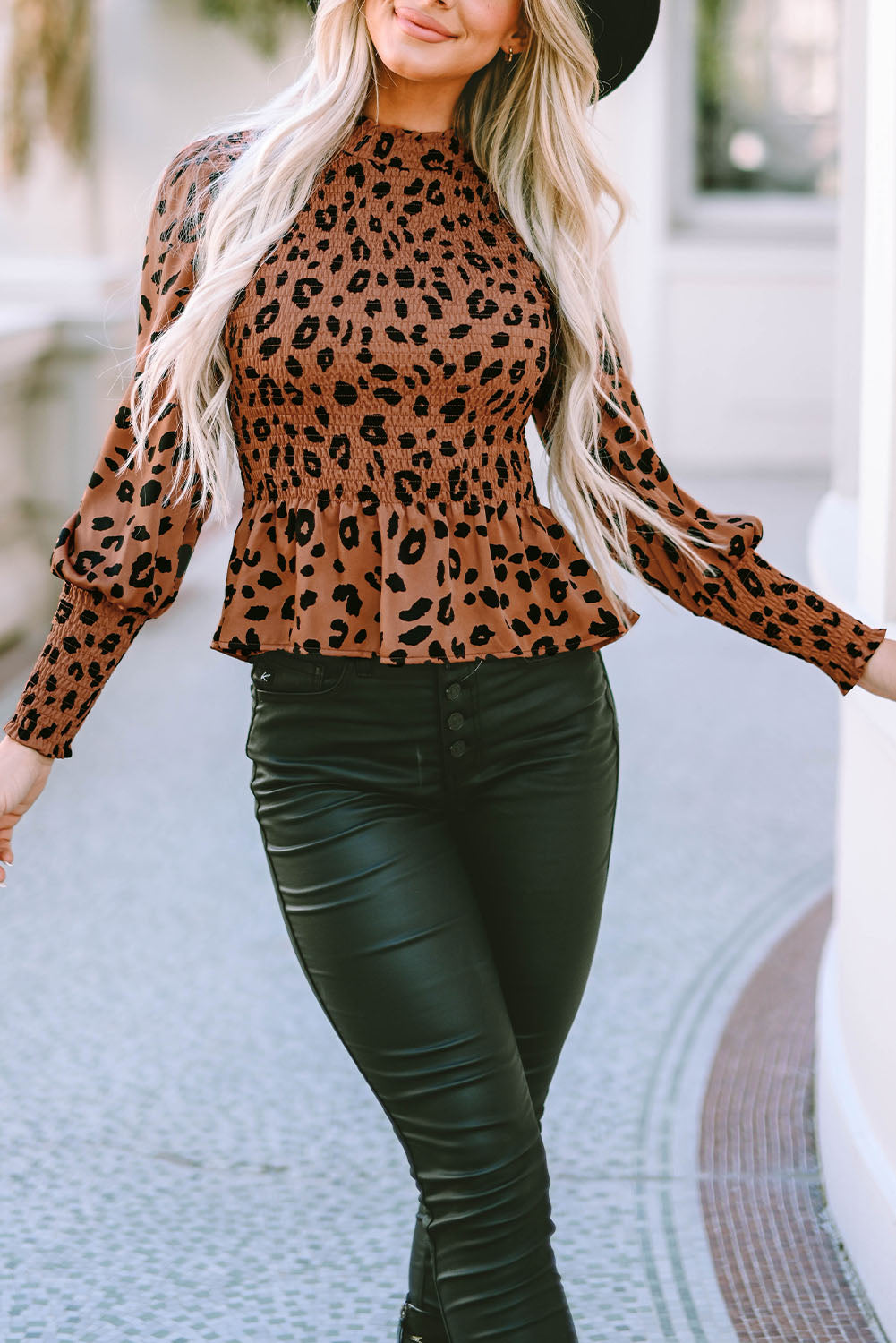 Brown Leopard Smocked Puff Sleeve Peplum Top