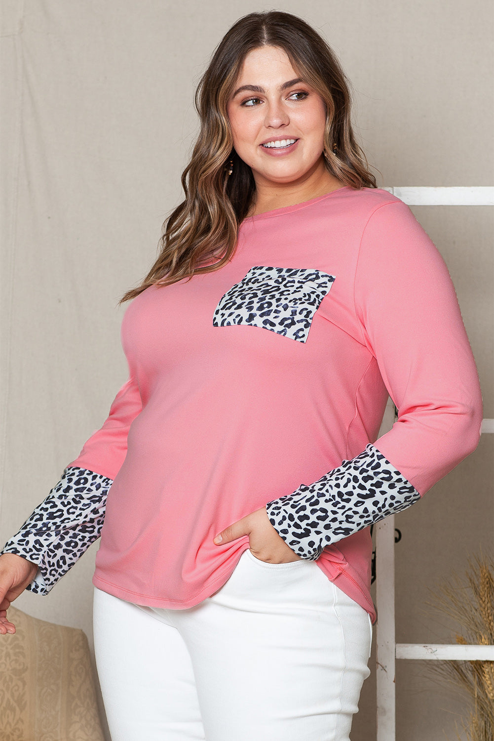 Pink Leopard Cuffs Brushed Plus Size Top