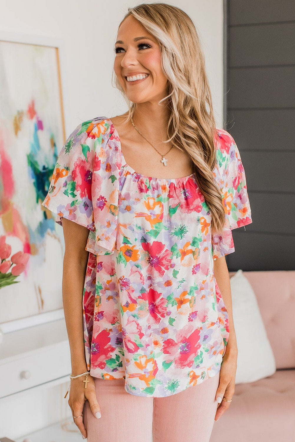 Multicolor Watercolor Floral Square Neck Ruffle Sleeve Blouse