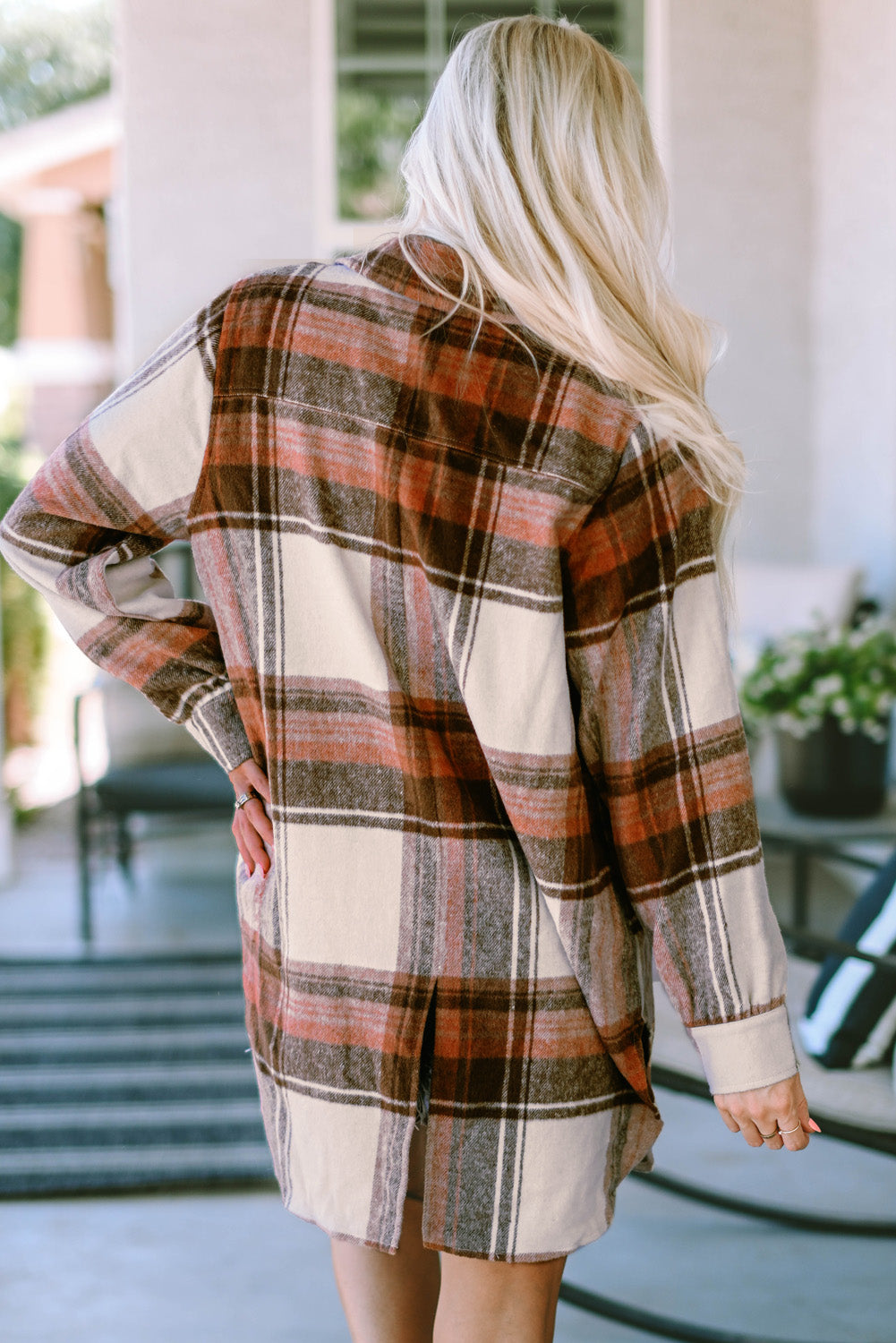 Brown Plaid Print Flap Pockets Long Shacket