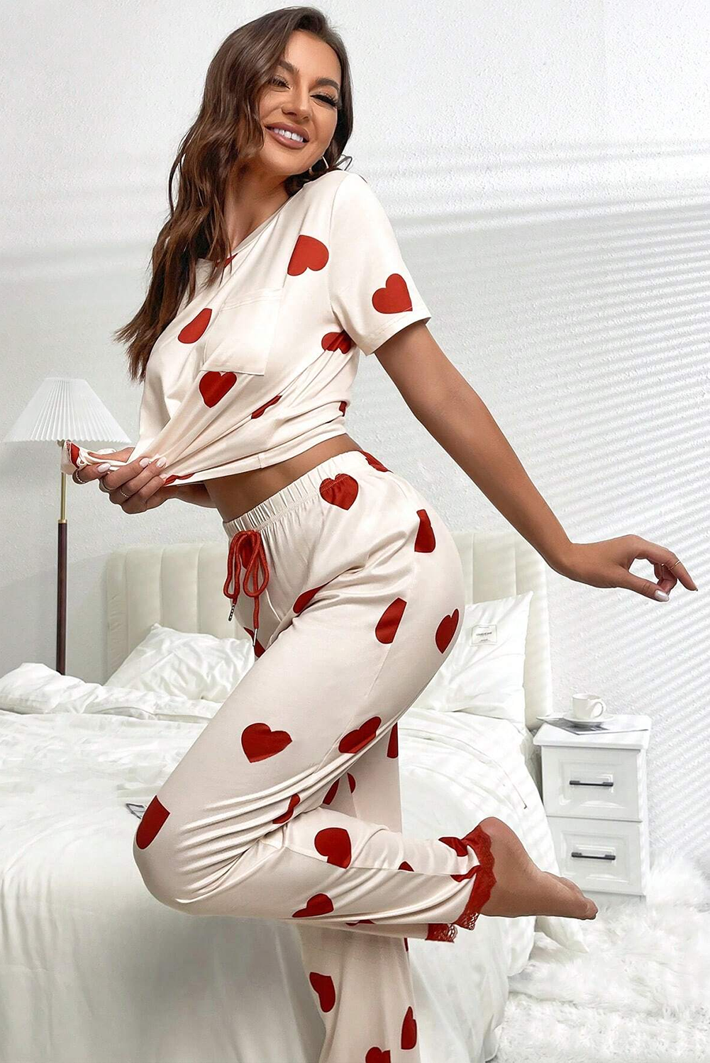 White Valentines Heart Print Lace Hem Tee Pants Pajama Set