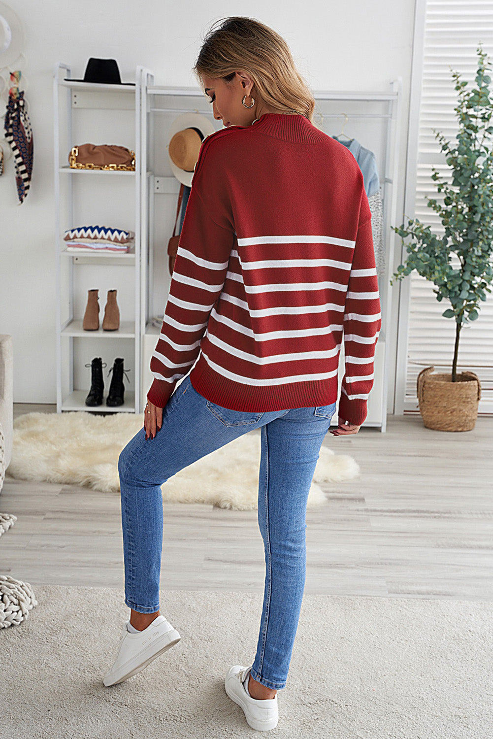 Wine Striped Turtleneck Long Sleeve Sweater with Buttons