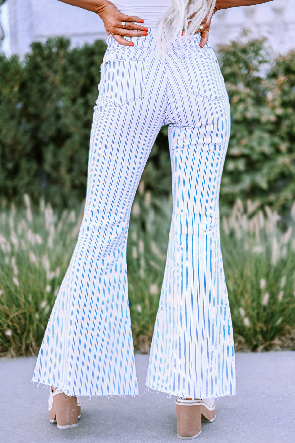 White High Waist Striped Print Flared Pants