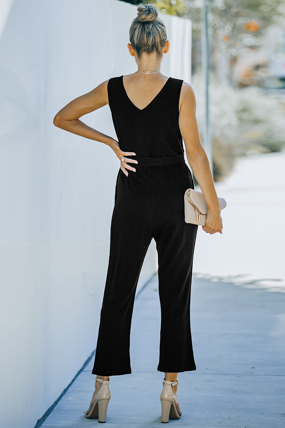 Black V Neck Button Belted Jumpsuit with Pockets