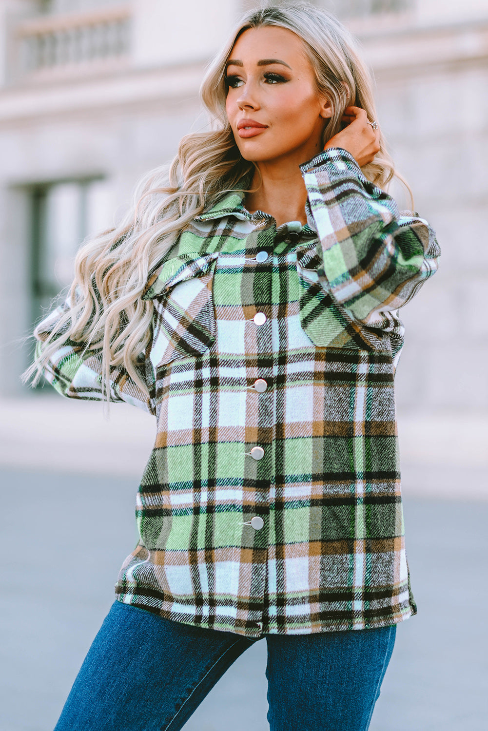 Green Geometric Plaid Print Pocketed Shacket