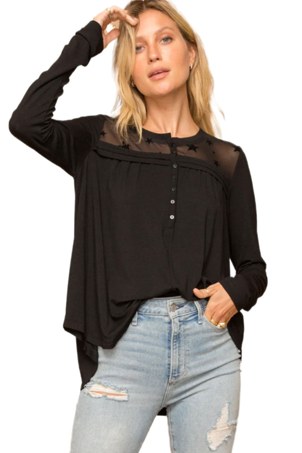 Black Star Mesh Yoke Draped Detail Blouse