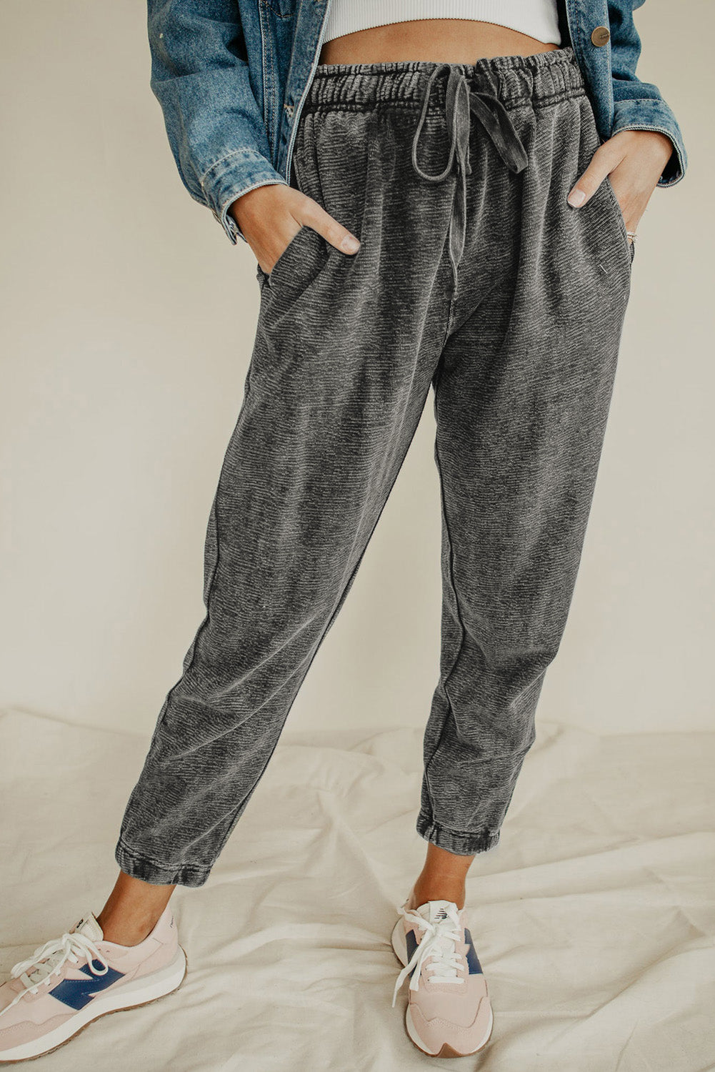 Gray Heather Textured Drawstring Pocketed Pants