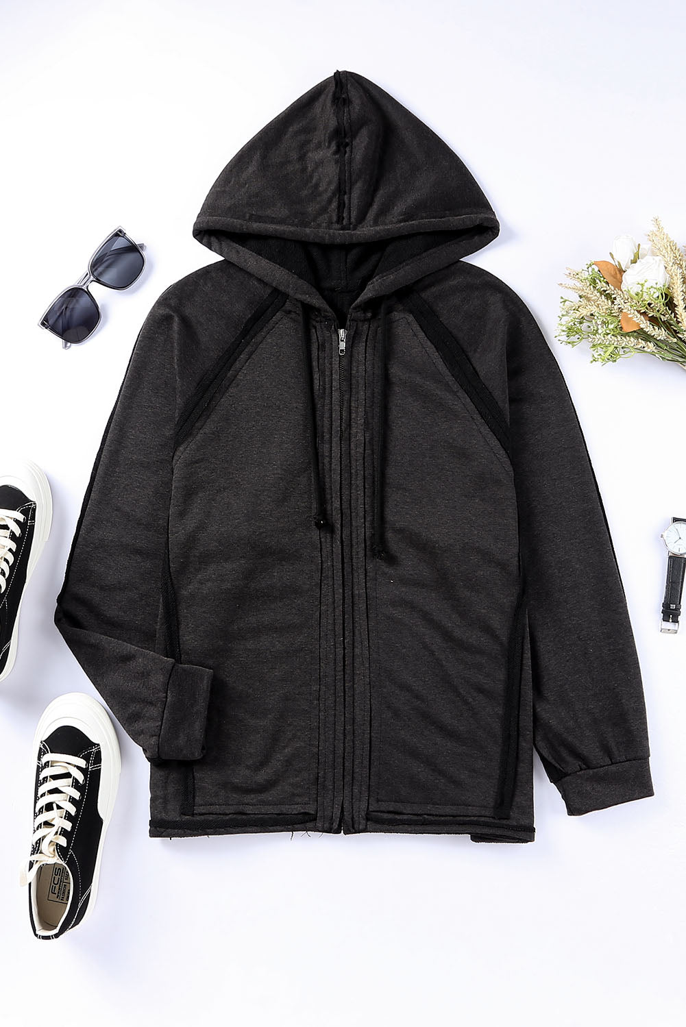 Gray Solid Color Oversized Zip Up Hoodie with Pockets