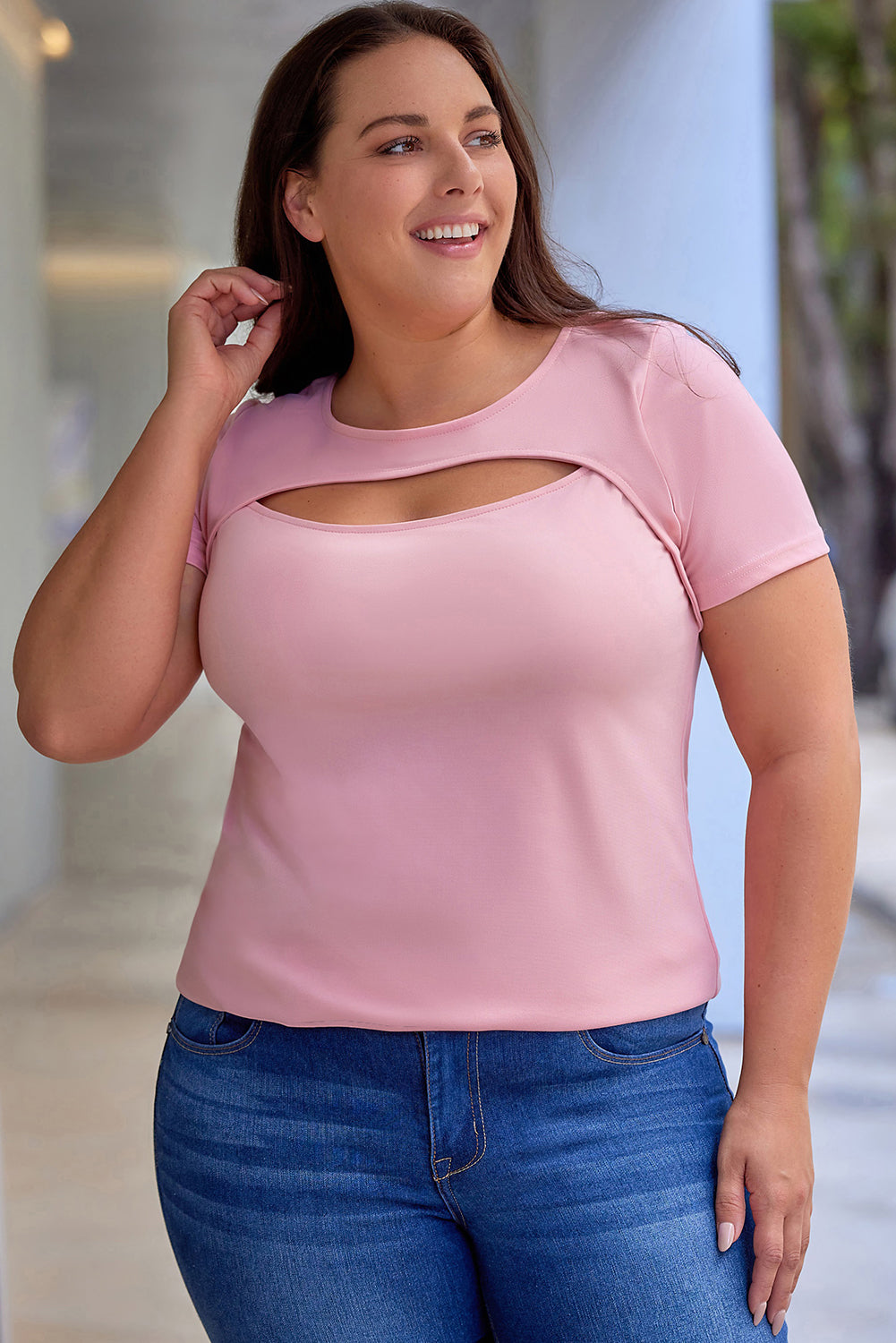 Pink Peekaboo Cutout Front Plus Size T-shirt