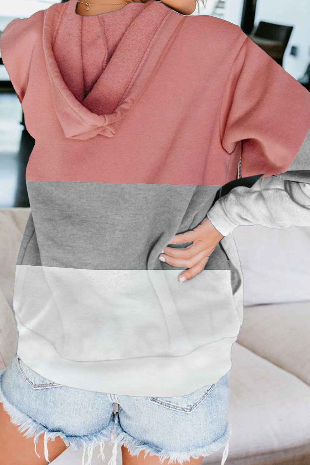 Pink Zip Front Color Block Splicing Drawstring Hoodie