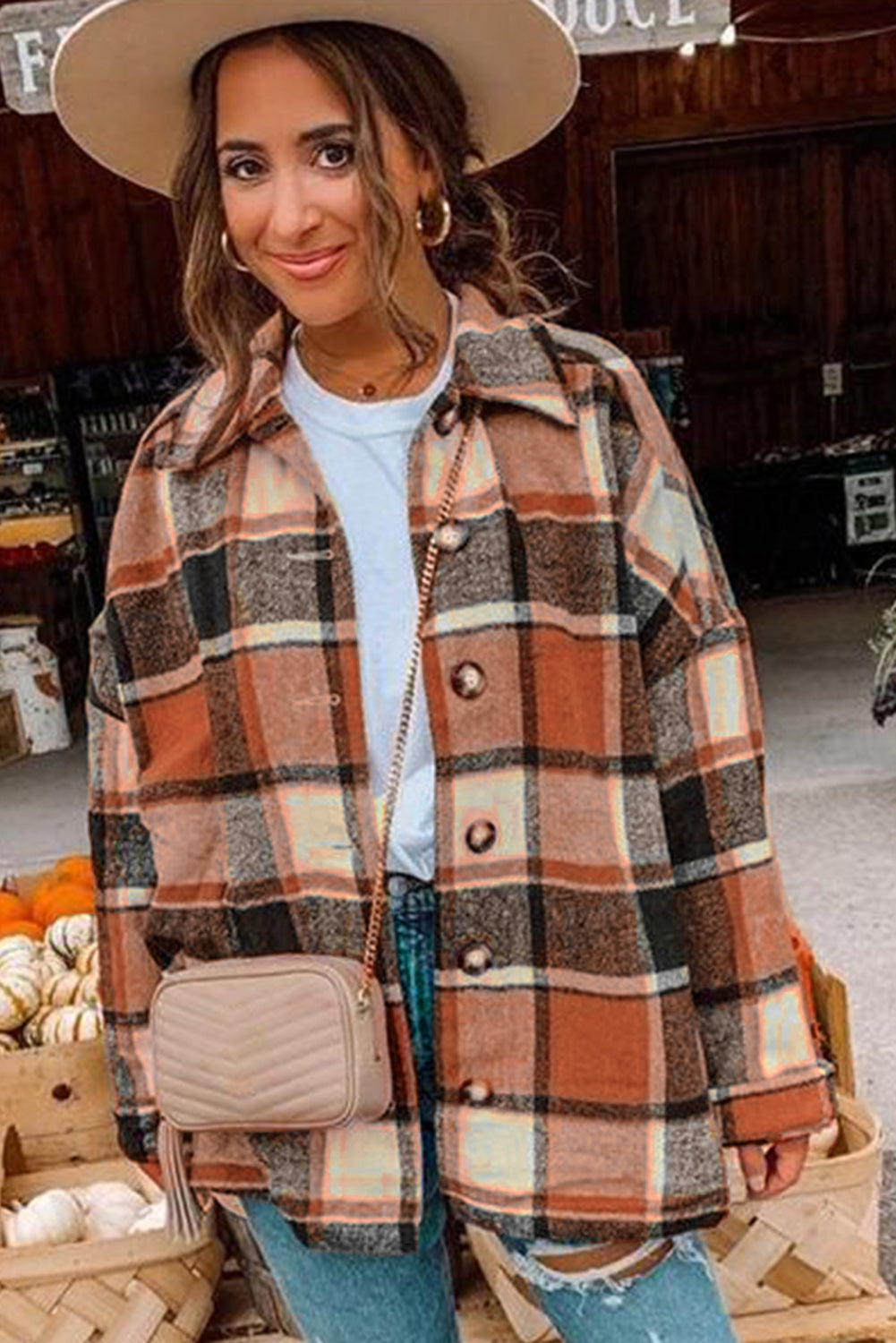 Orange Plaid Print Buttoned Shirt Jacket