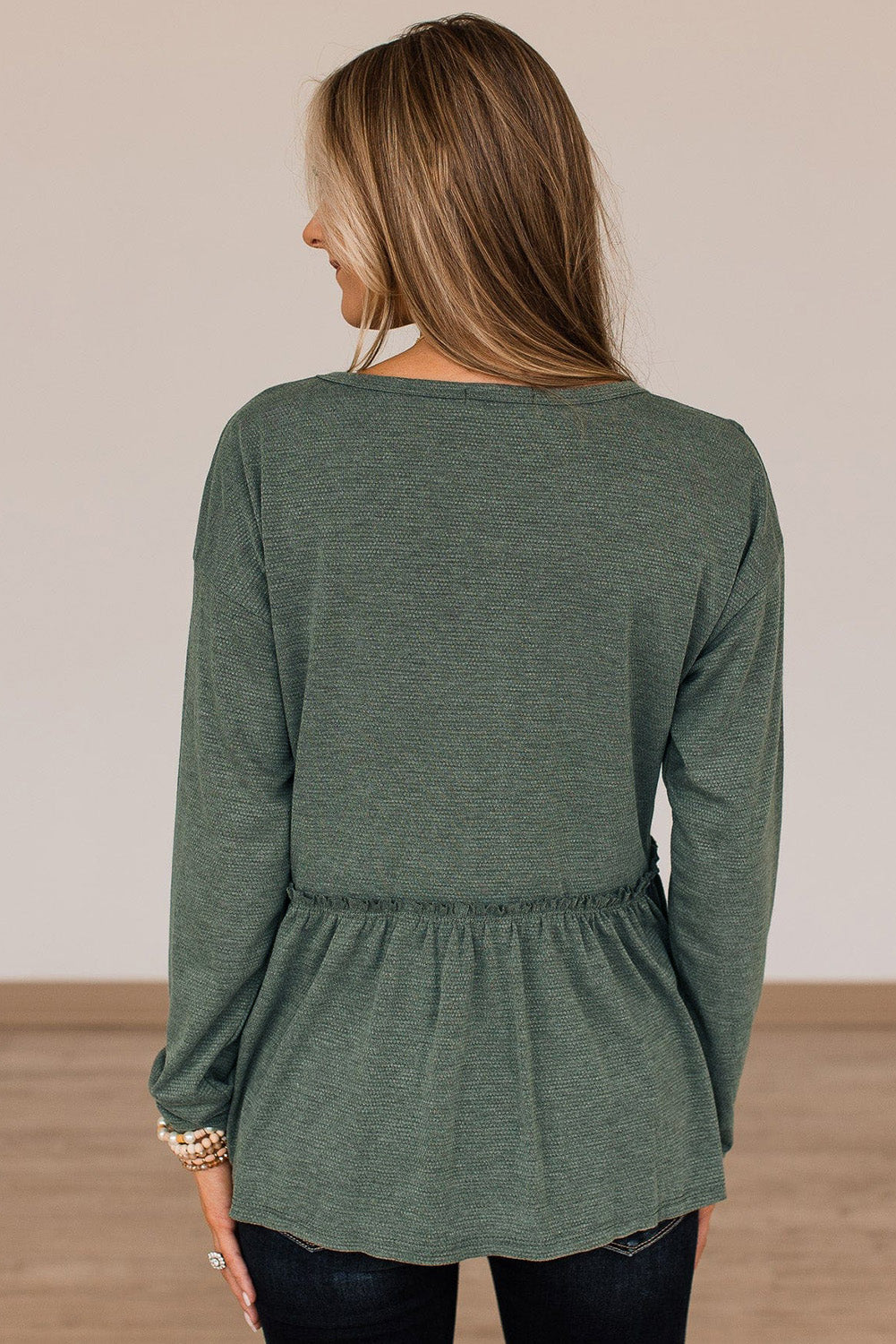 Green Outseam Detail Long Sleeve Peplum Top